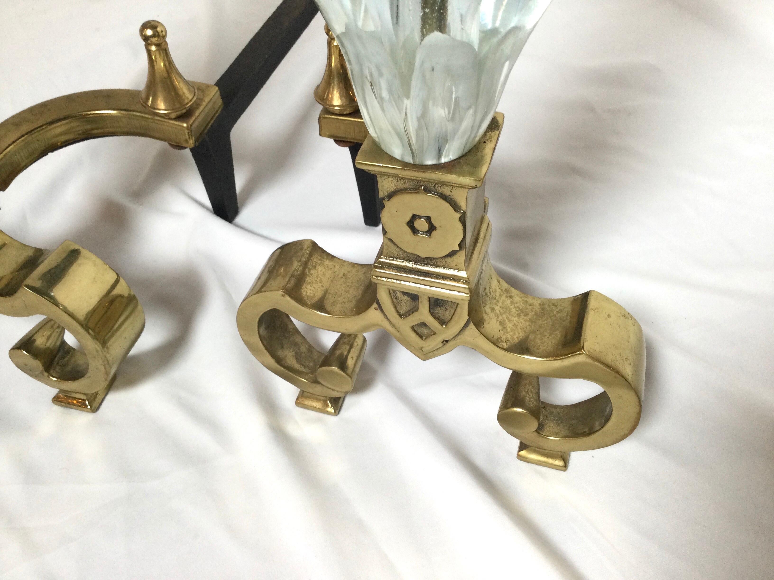 American Pair of Hollywood Regency Andirons with St Clair Art Glass