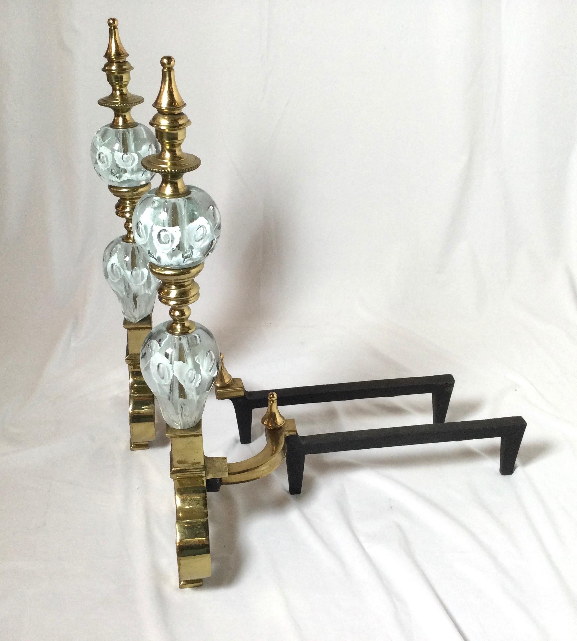 20th Century Pair of Hollywood Regency Andirons with St Clair Art Glass