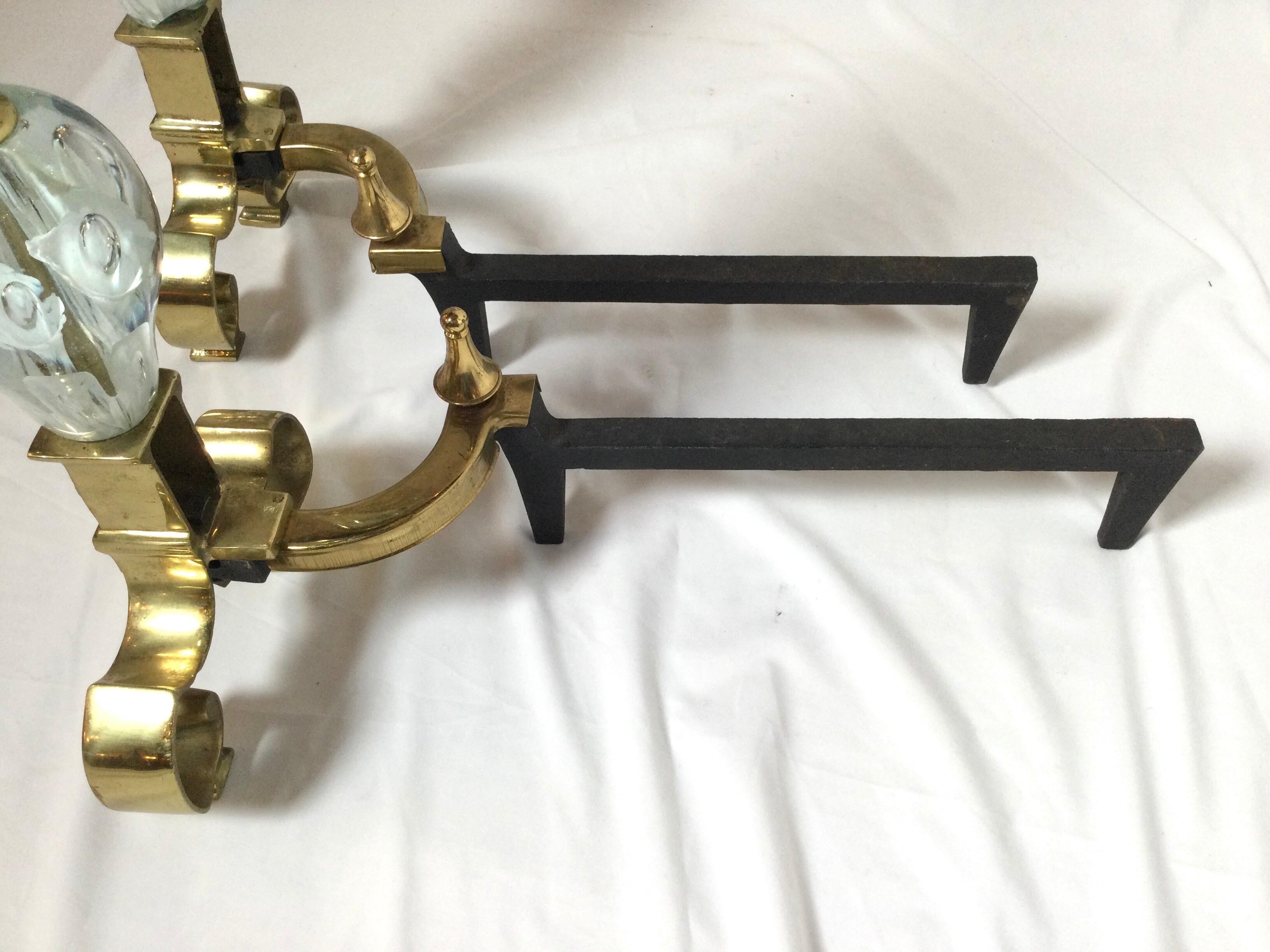 Pair of Hollywood Regency Andirons with St Clair Art Glass 1