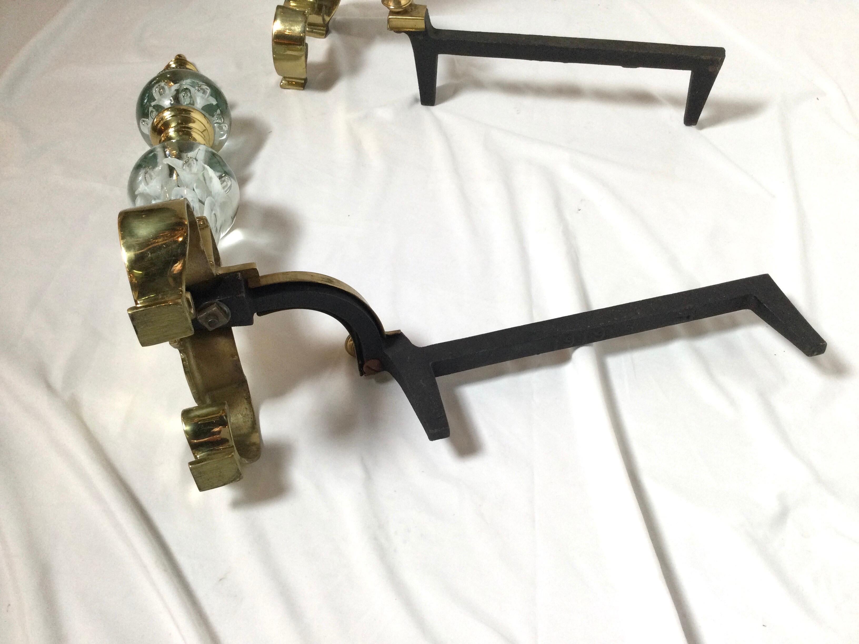 Pair of Hollywood Regency Andirons with St Clair Art Glass 2