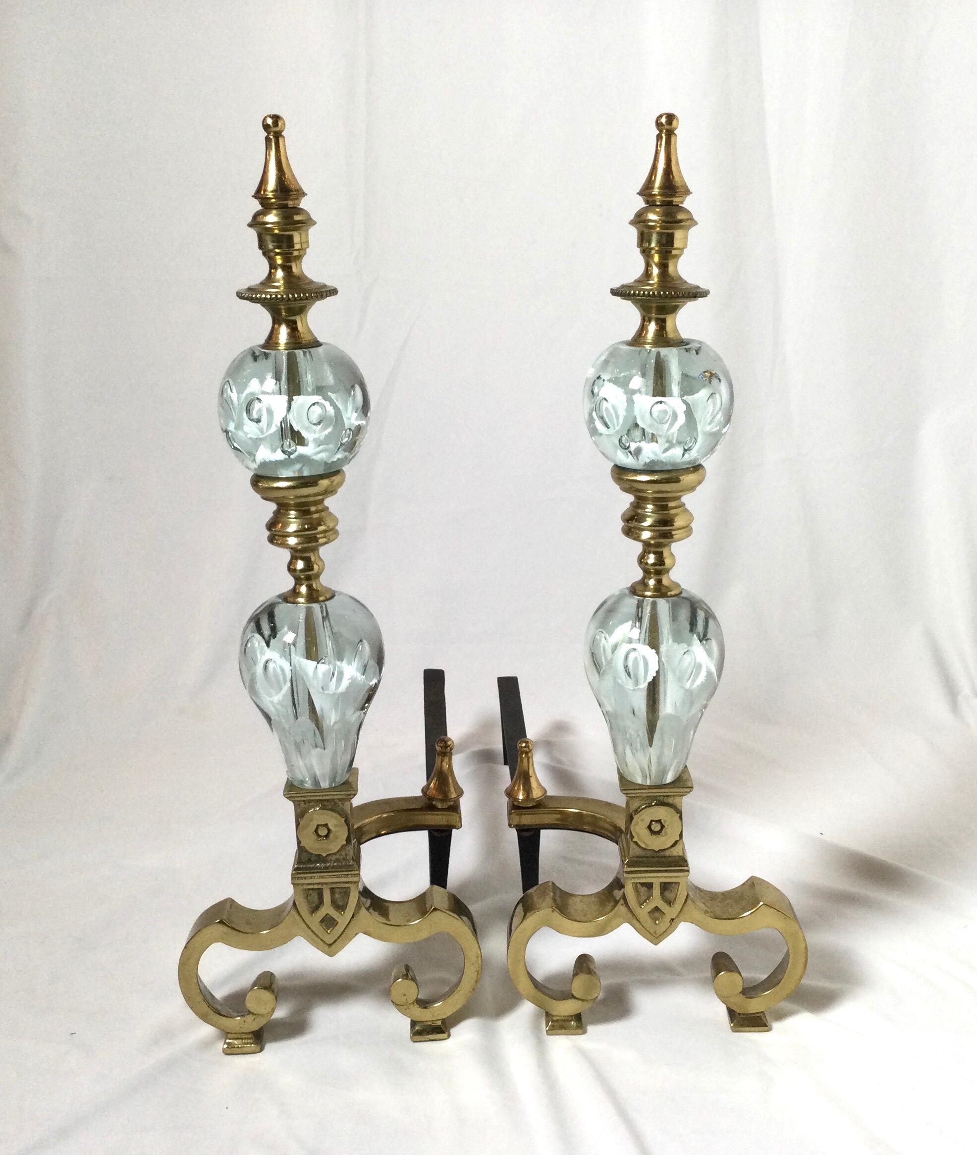 Pair of Hollywood Regency Andirons with St Clair Art Glass 3