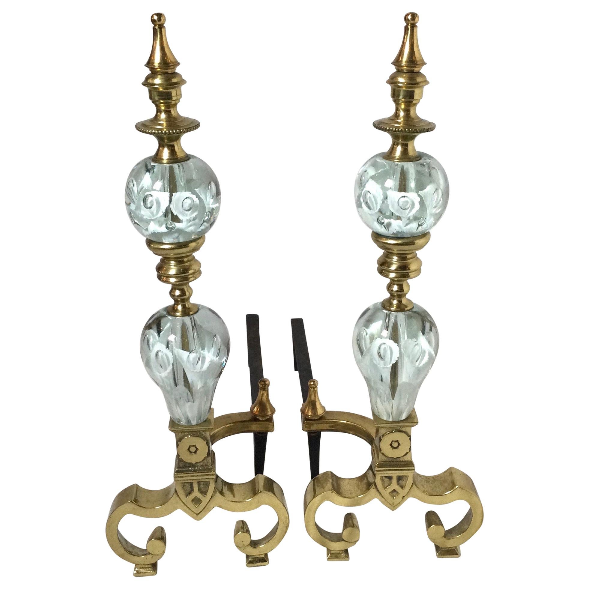 Pair of Hollywood Regency Andirons with St Clair Art Glass