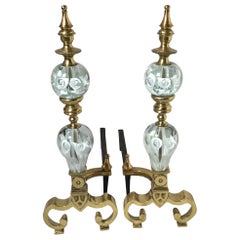 Pair of Hollywood Regency Andirons with St Clair Art Glass