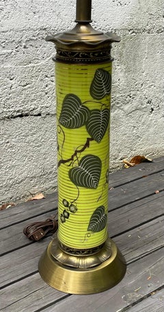 Pair of Art Deco Table Lamps, Art Glass with Yellow with Green Leaf Pattern