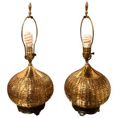 Pair of Hollywood Regency Asian Brass Basket Weave Table Lamps