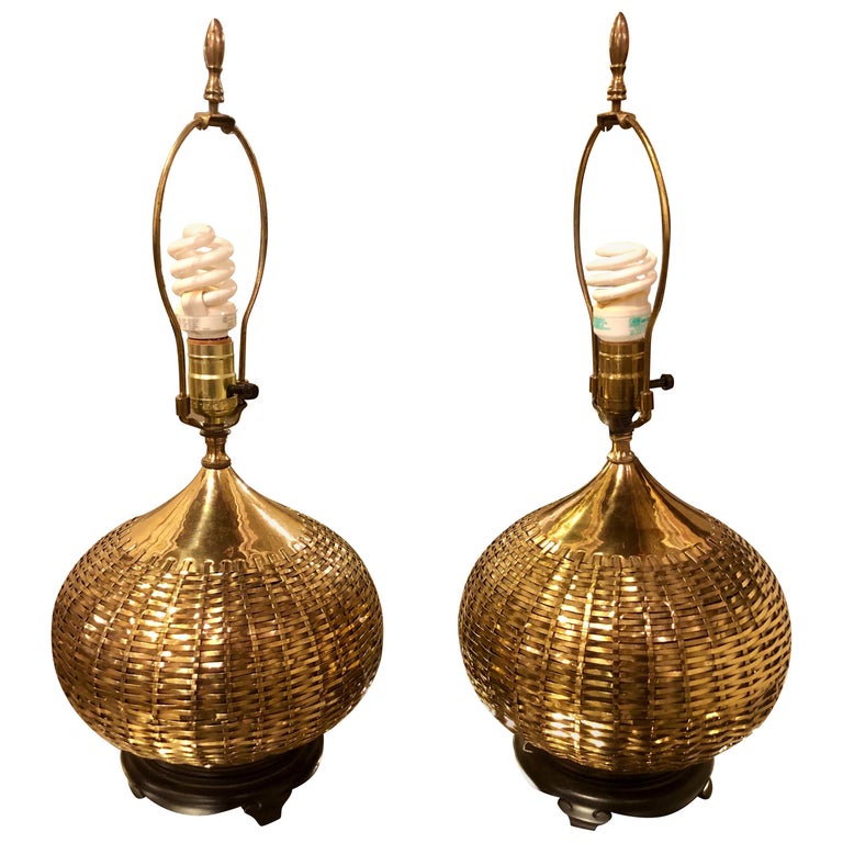Pair of Hollywood Regency Asian Brass Basket Weave Table Lamps For Sale