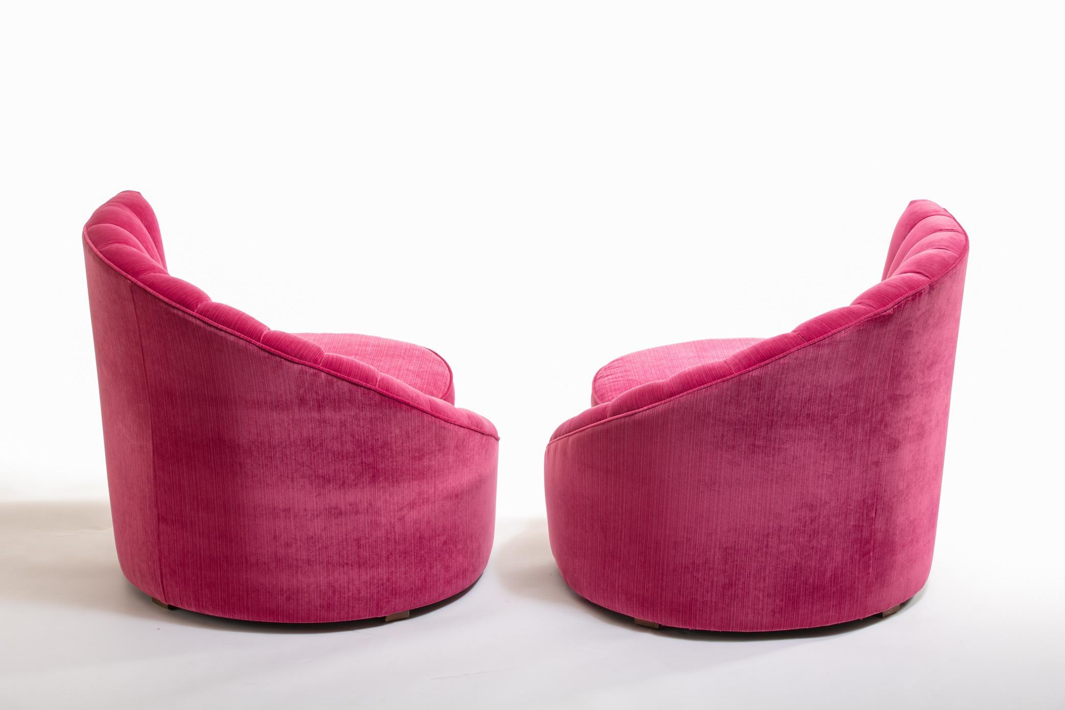 American Pair of Hollywood Regency Asymmetrical Slipper Chairs in Hot Pink Strie Velvet