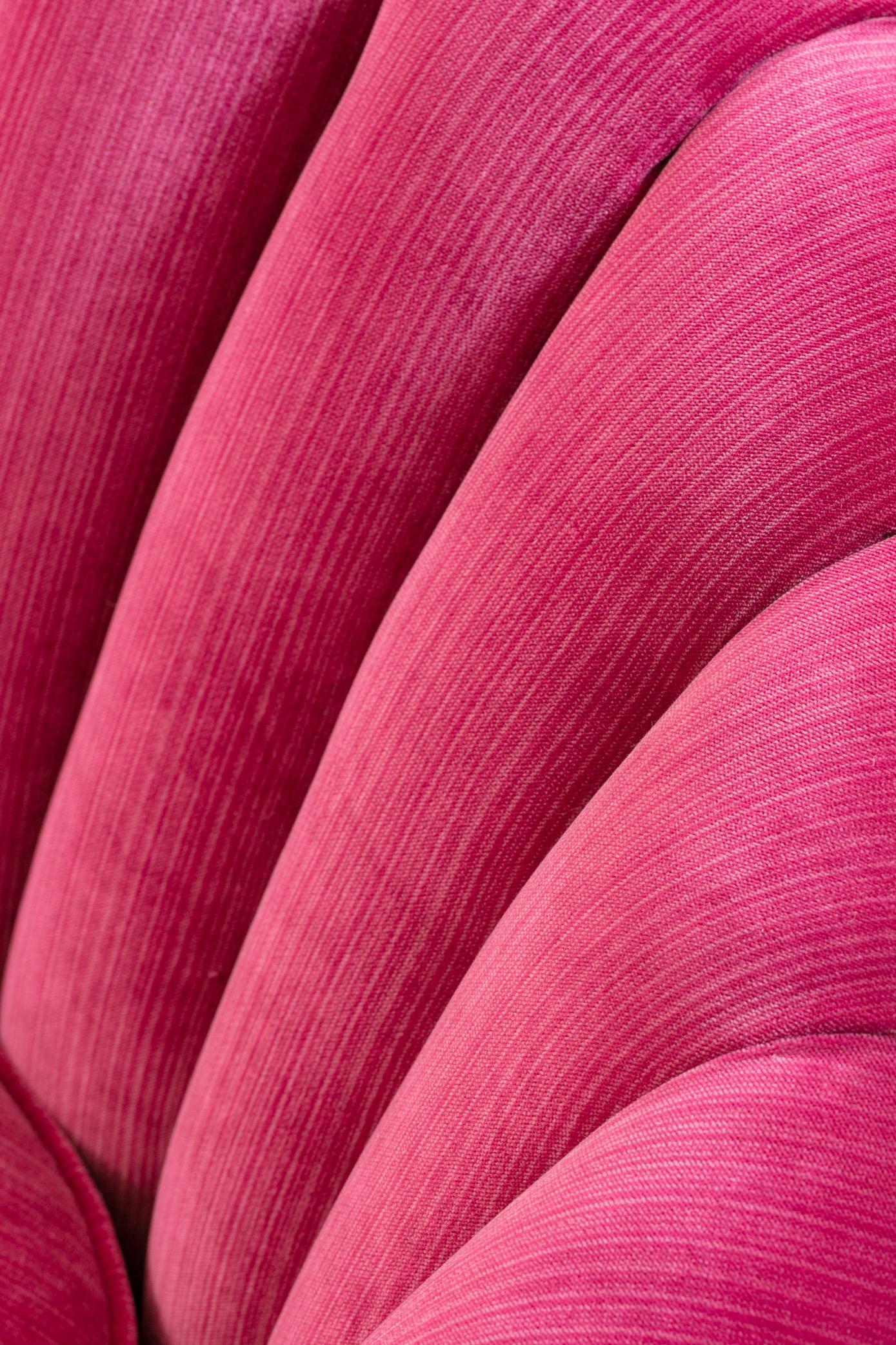 Upholstery Pair of Hollywood Regency Asymmetrical Slipper Chairs in Hot Pink Strie Velvet