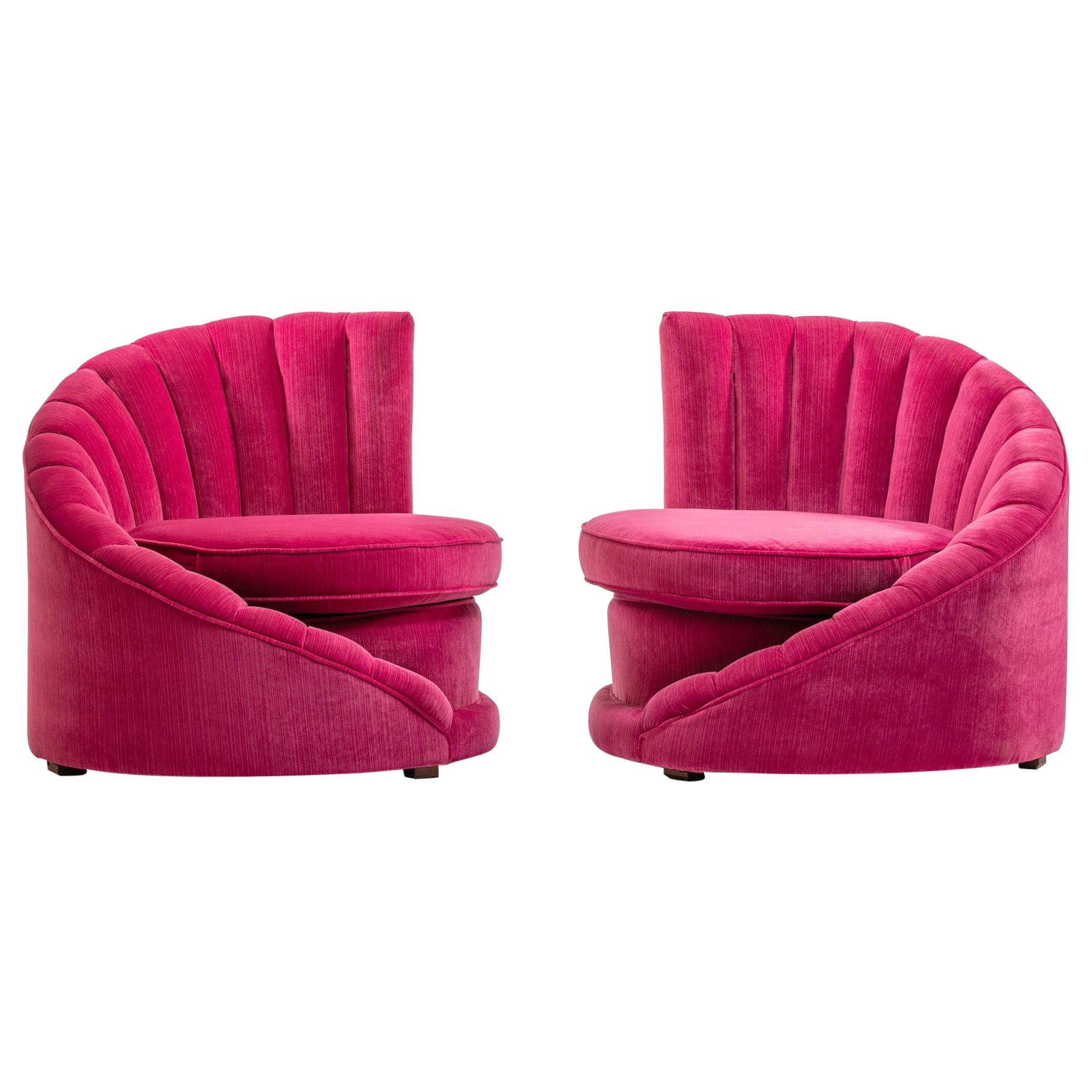 Pair of Hollywood Regency Asymmetrical Slipper Chairs in Hot Pink Strie Velvet