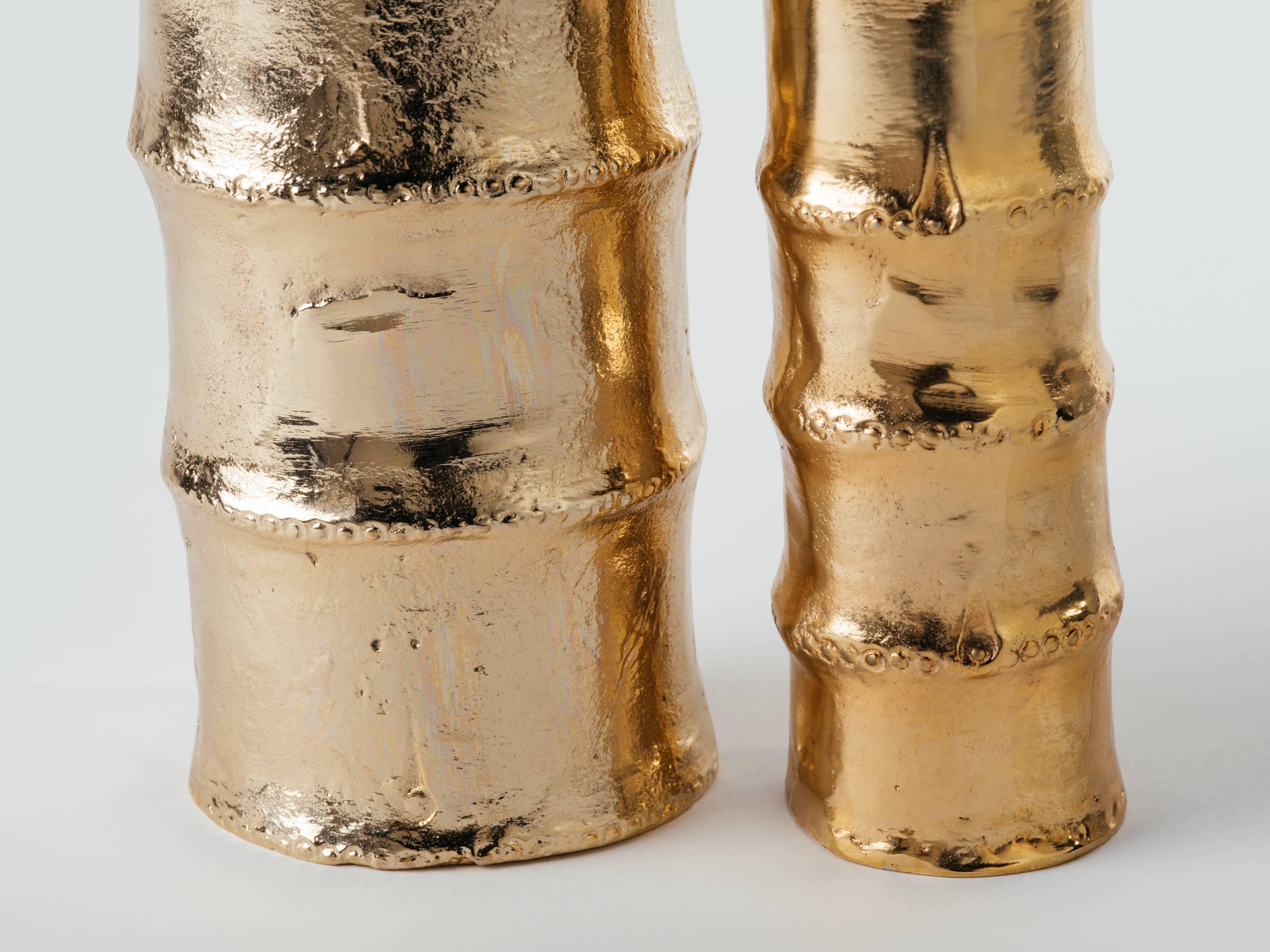 Contemporary Pair of Hollywood Regency Bamboo Vases in 24-Karat Gold-Plated Metal