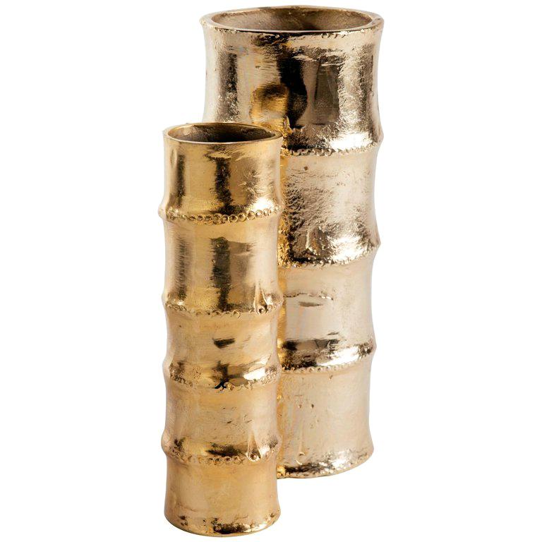 Pair of Hollywood Regency Bamboo Vases in 24-Karat Gold-Plated Metal
