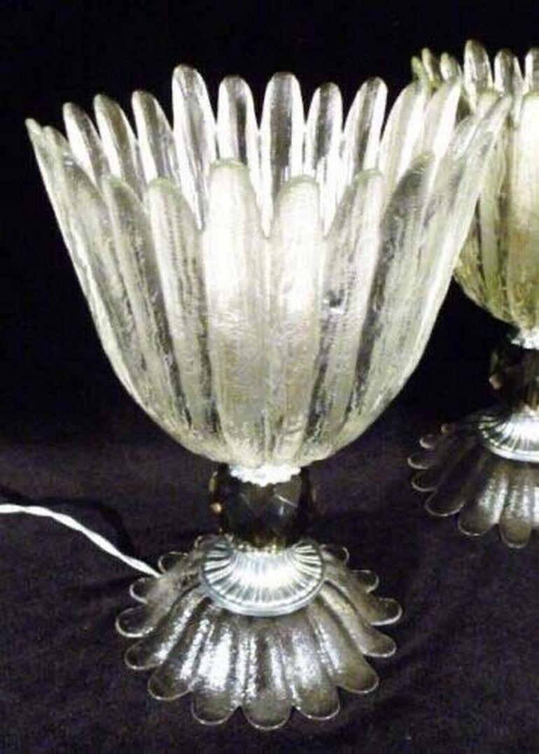 For your consideration is this pair of Hollywood Regency ribbed and textured and gray faceted glass chalice form banquet lamps or uplights. Floral esque design would fit perfectly in any MCM or Hollywood regency themed home. New twisted cord silver
