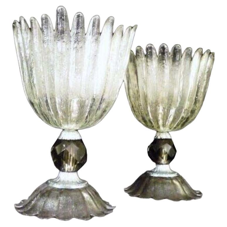Pair of Hollywood Regency Banquet Pair of Textured & Ribbed Glass Chalice Form For Sale