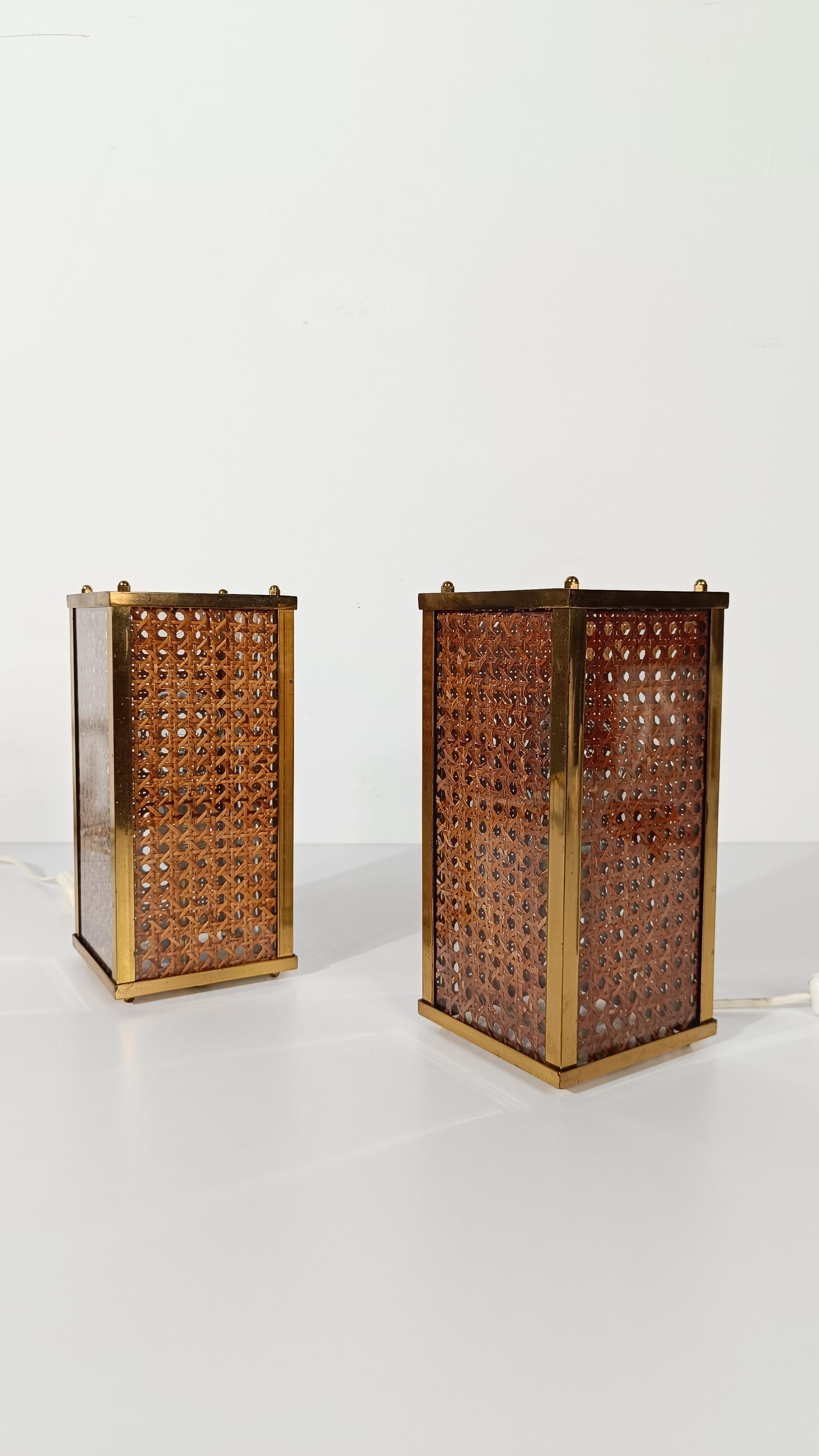 Pair of Hollywood Regency Bedside Table Lamps in Brass & Cane Webbing, 70s en vente 5