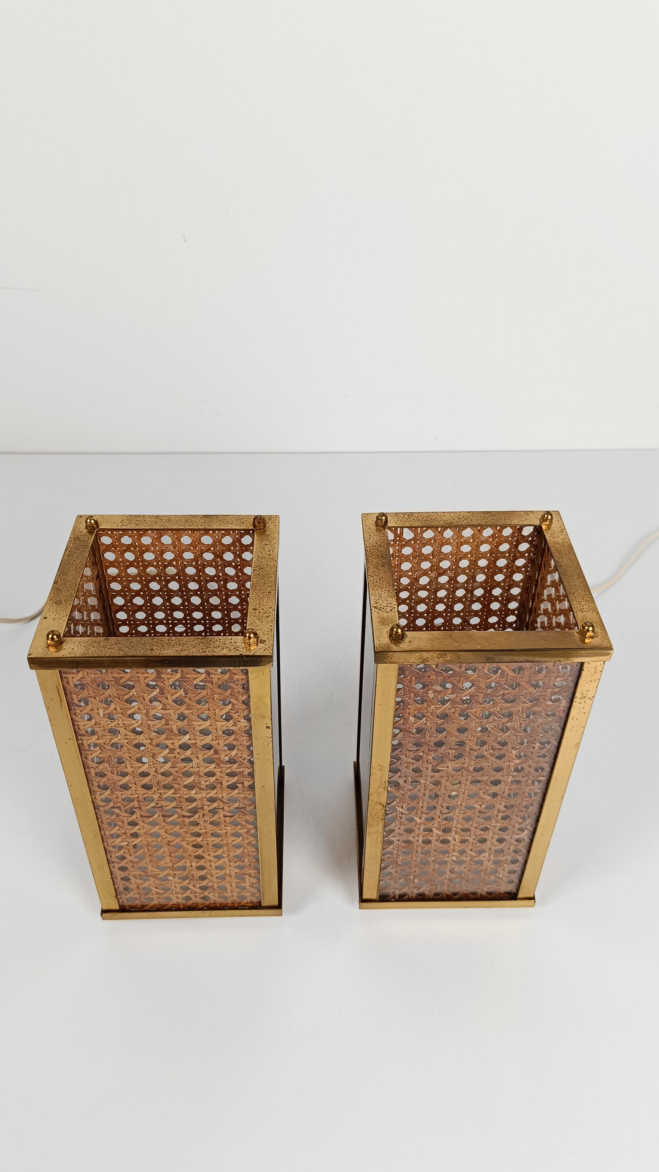 Pair of Hollywood Regency Bedside Table Lamps in Brass & Cane Webbing, 70s en vente 7