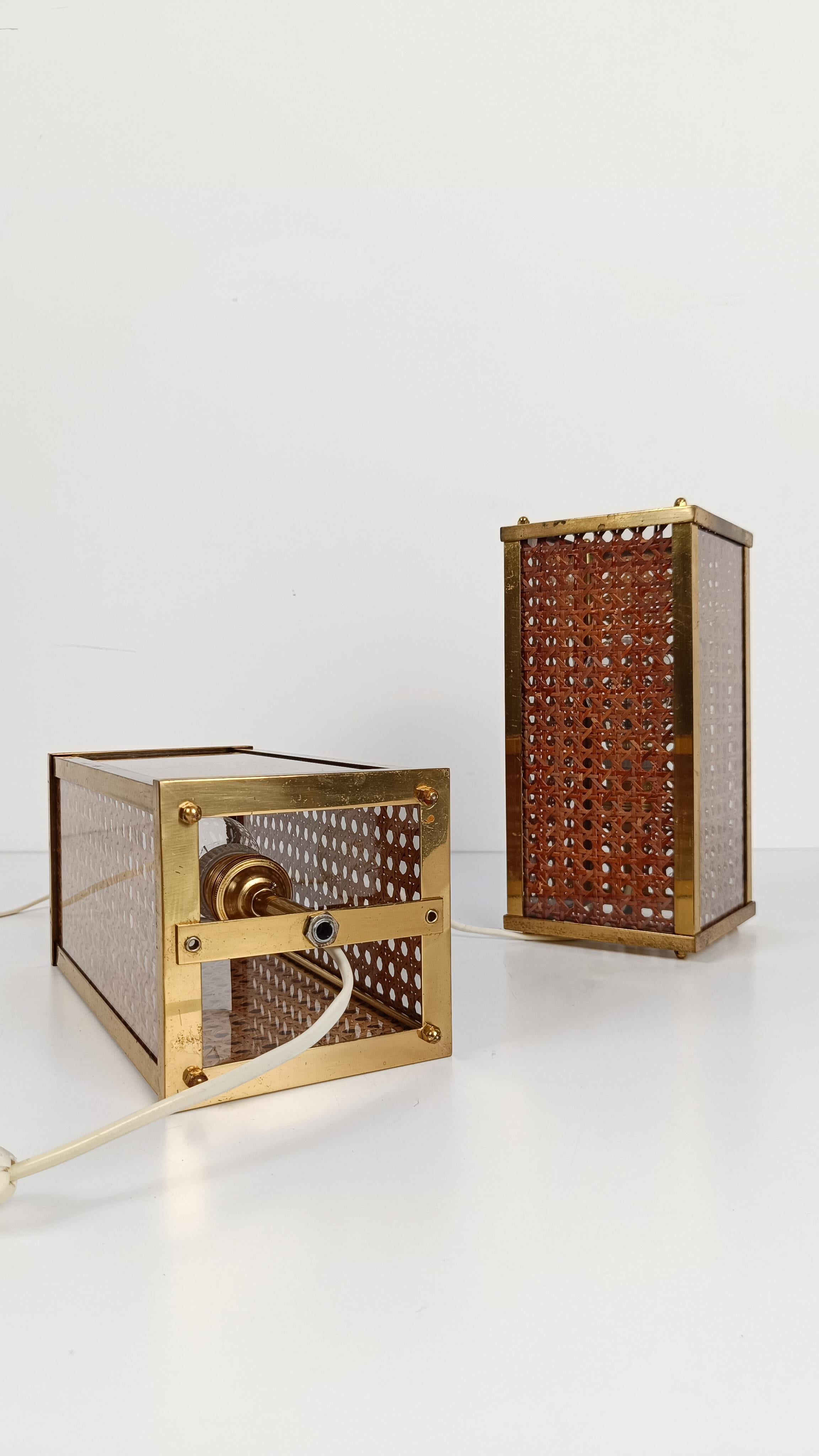 Pair of Hollywood Regency Bedside Table Lamps in Brass & Cane Webbing, 70s en vente 9