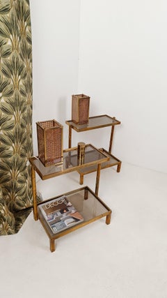 Pair of Hollywood Regency Bedside Table Lamps in Brass & Cane Webbing, 70s