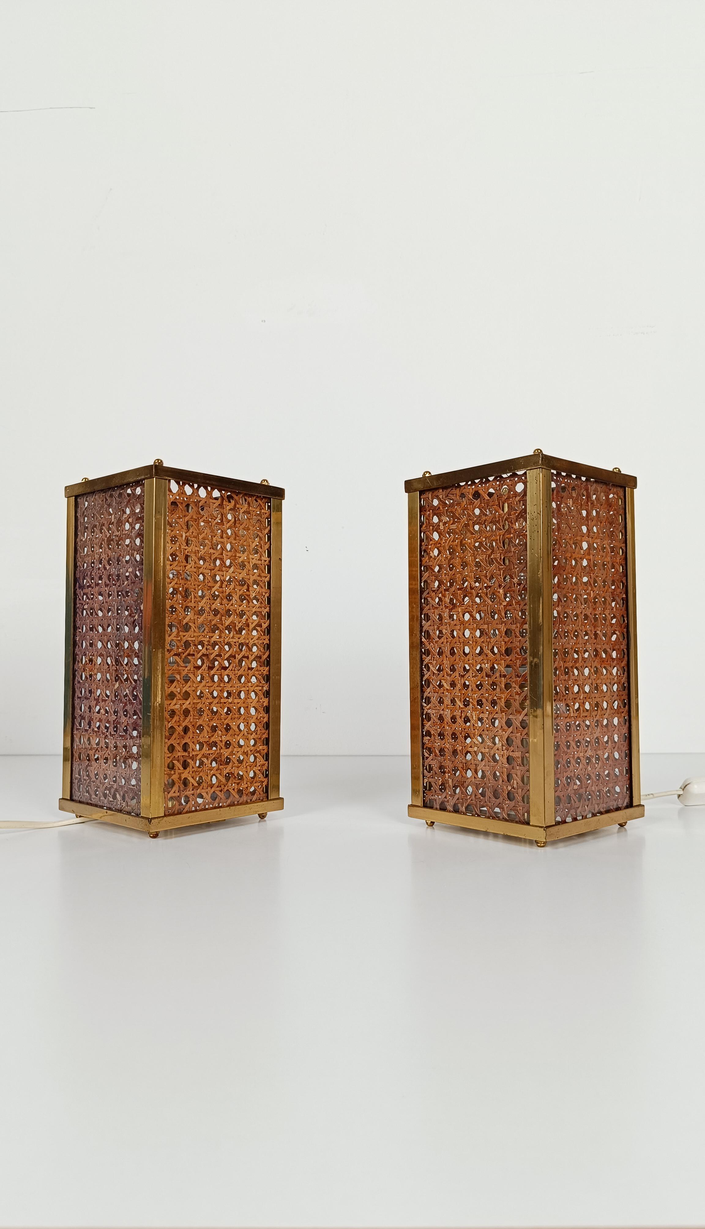 Pair of Hollywood Regency Bedside Table Lamps in Brass & Cane Webbing, 70s en vente 2