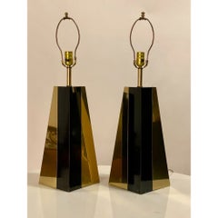 Pair of Hollywood Regency Black and Brass Pyramid Lamps, 1970's