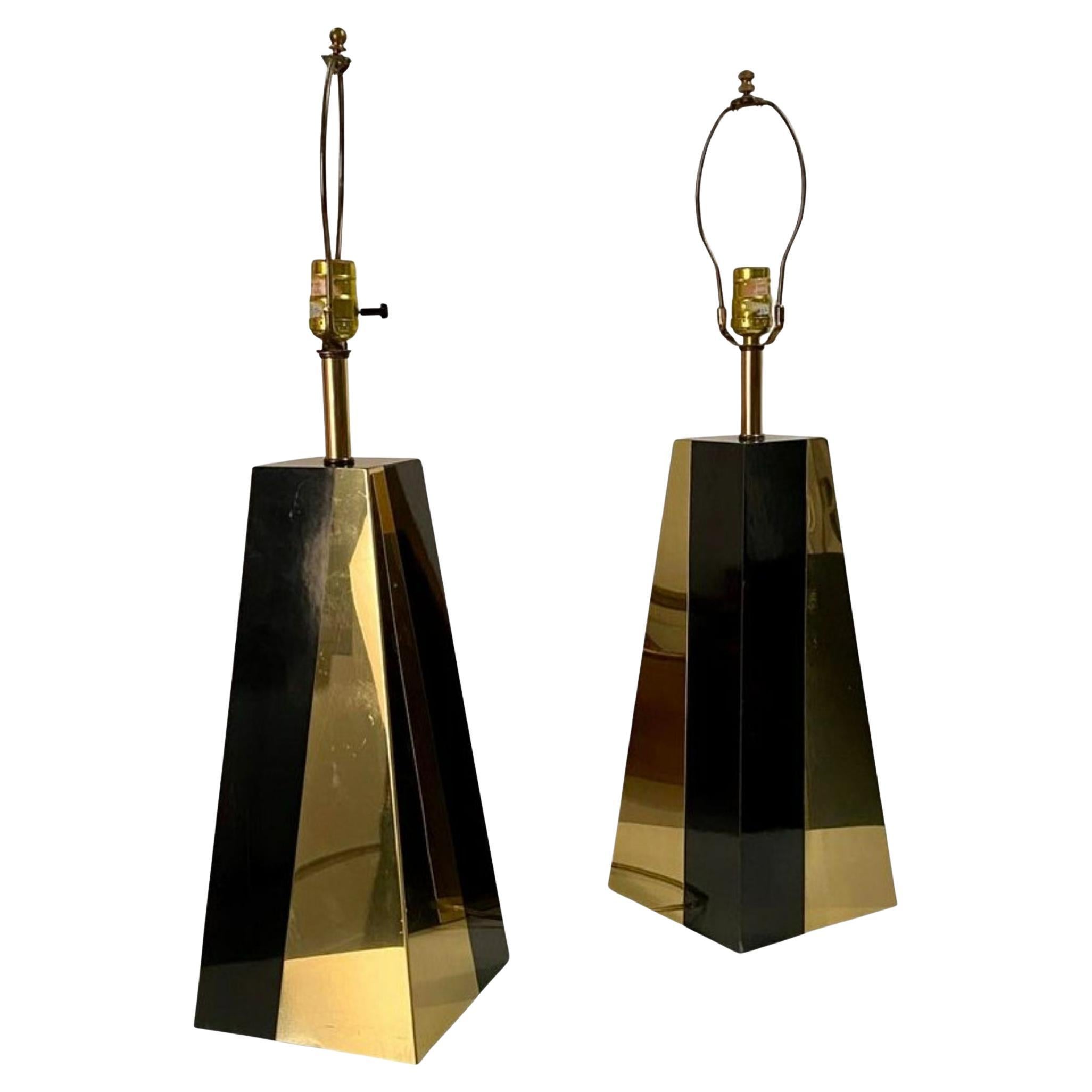 Pair of Hollywood Regency Black and Brass Pyramid Lamps, 1970's For Sale