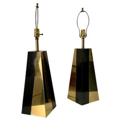 Pair of Hollywood Regency Black and Brass Pyramid Lamps, 1970's