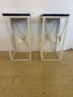 Pair of Hollywood Regency Black and White End Tables with Metal and Granite