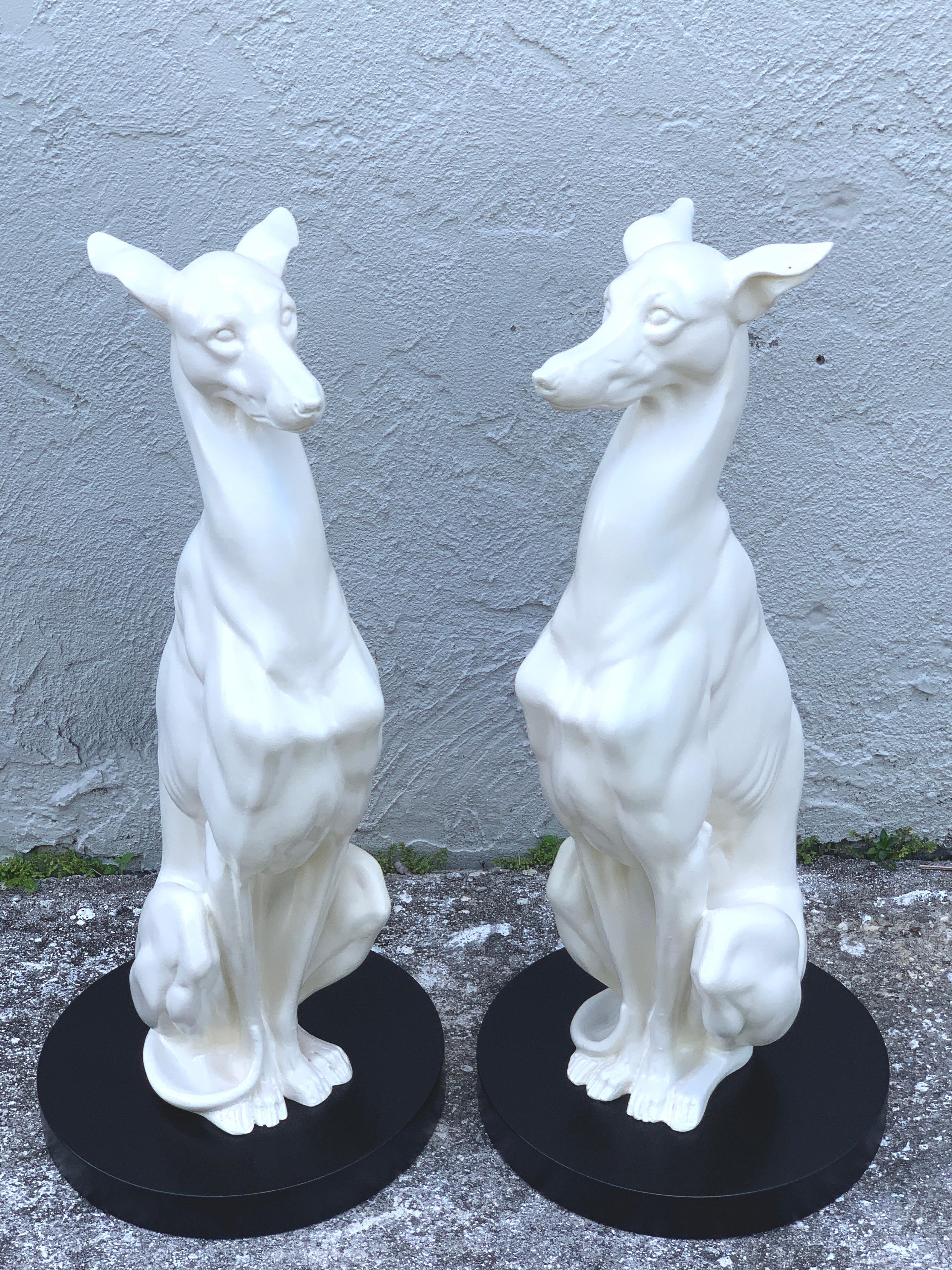 Coppia di whippet in bianco e nero di Wood Regency, ciascuno a grandezza naturale, di forma seduta, modellati in modo realistico, sollevati su una base circolare in legno di 14 pollici. La figura da sola misura 30 pollici di altezza.