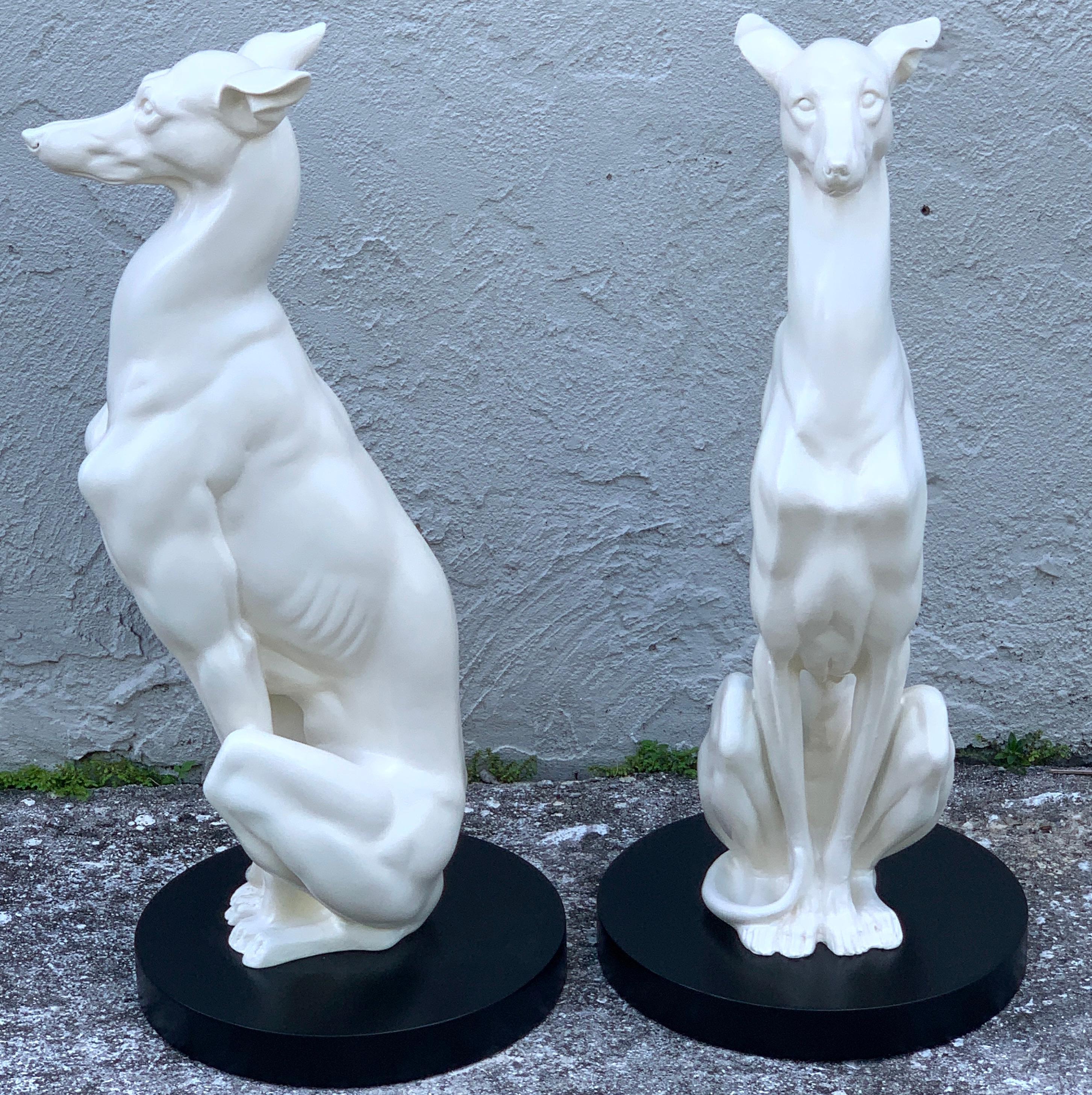 Lacquered Pair of Hollywood Regency Black and White Whippets For Sale