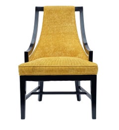 Pair of Hollywood Regency Black Frame Armchair Slipper Chairs with Gold Fabric