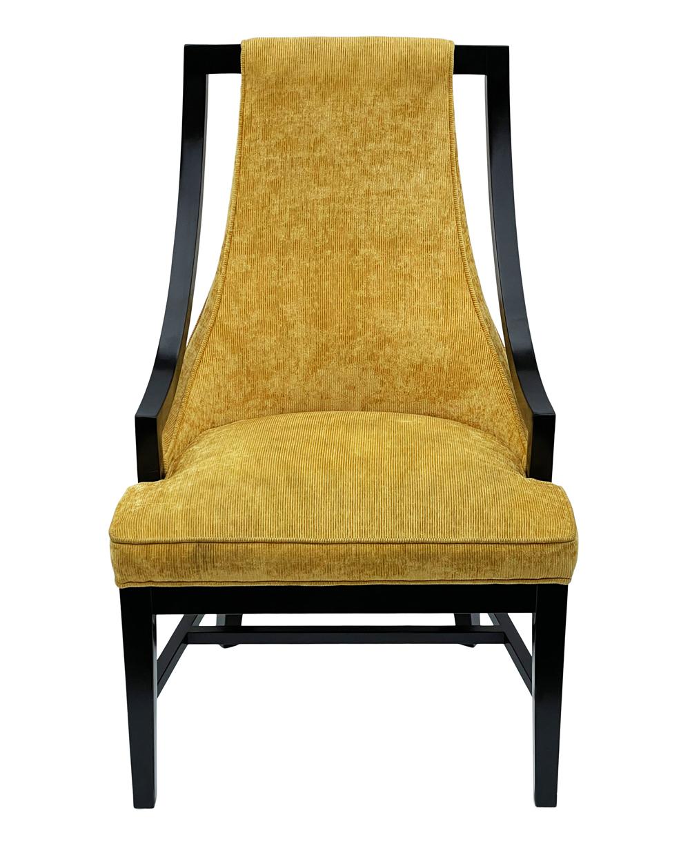 Tissu Paire de fauteuils pantoufles Hollywood Regency à cadre noir et tissu doré en vente