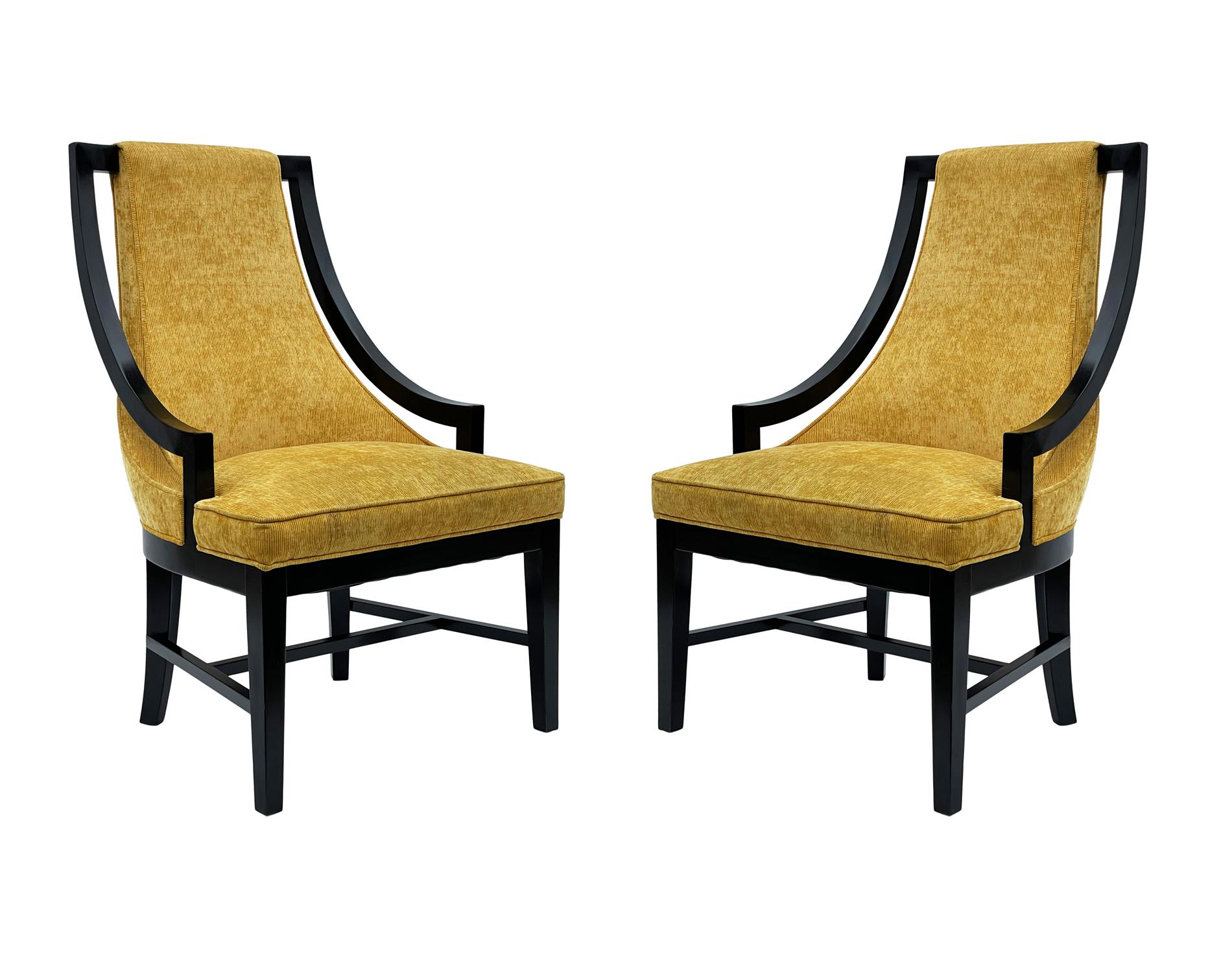 Pair of Hollywood Regency Black Frame Armchair Slipper Chairs with Gold Fabric For Sale 2