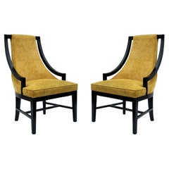 Pair of Hollywood Regency Black Frame Armchair Slipper Chairs with Gold Fabric