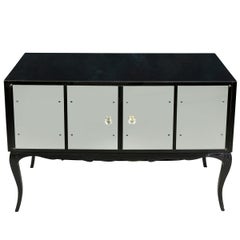 Pair of Hollywood Regency Black Glass and Mirror Cabinets With Cabriole Legs