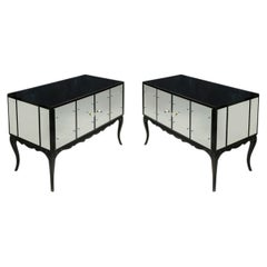 Pair of Hollywood Regency Black Glass and Mirror Cabinets With Cabriole Legs