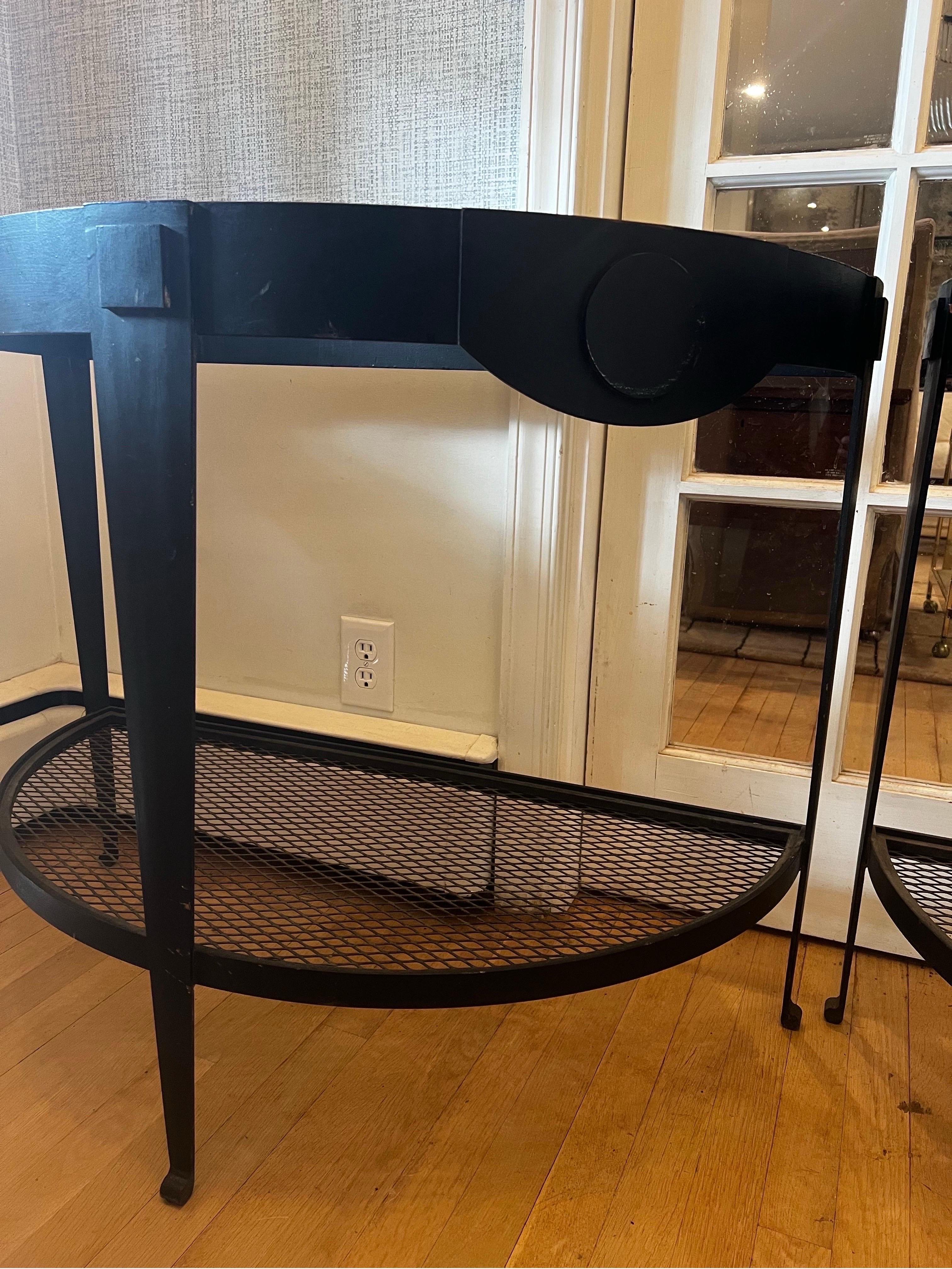 American Pair of Hollywood Regency Black Iron Demilune Tables For Sale
