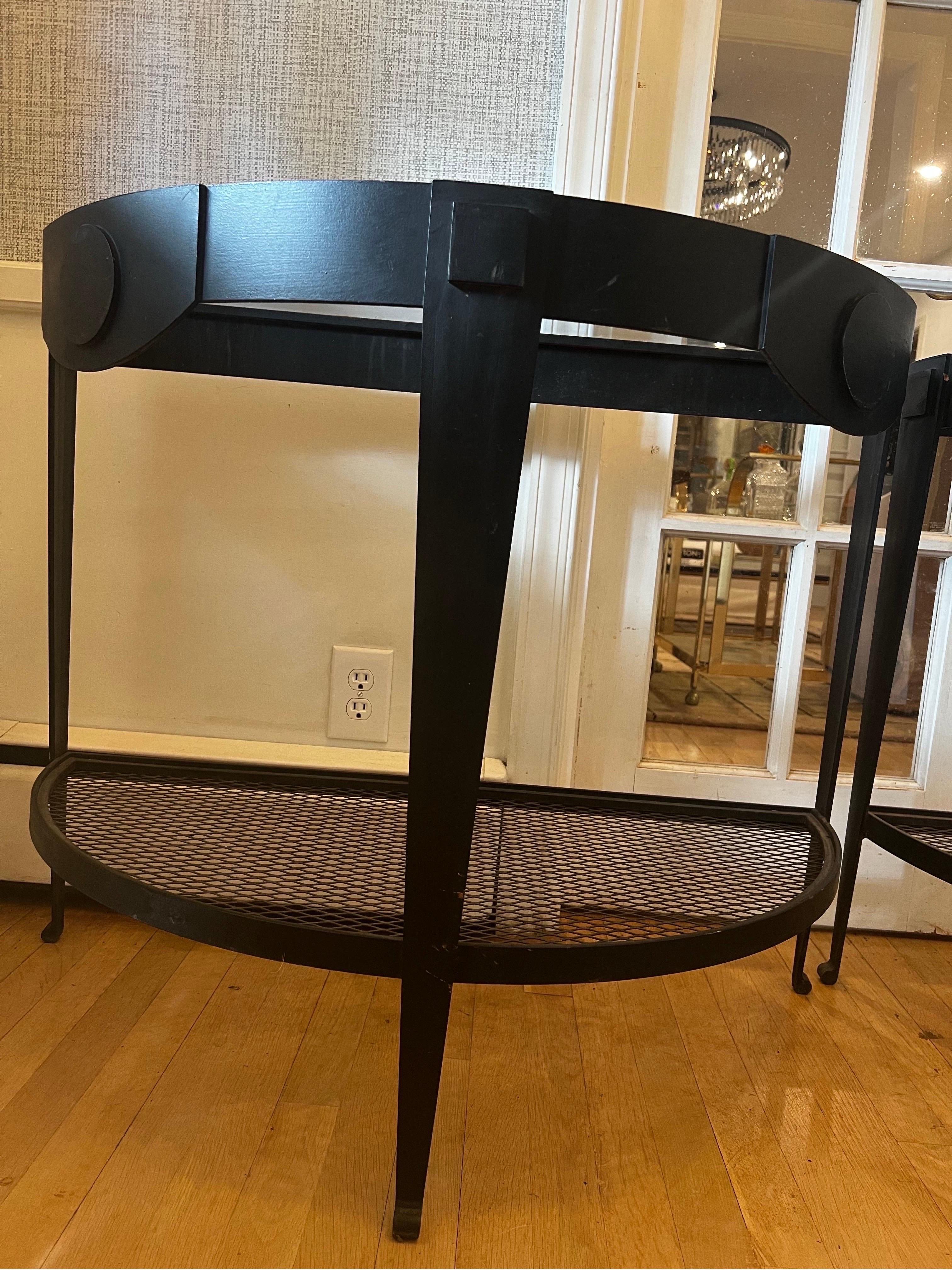 Pair of Hollywood Regency Black Iron Demilune Tables In Good Condition For Sale In Los Angeles, CA