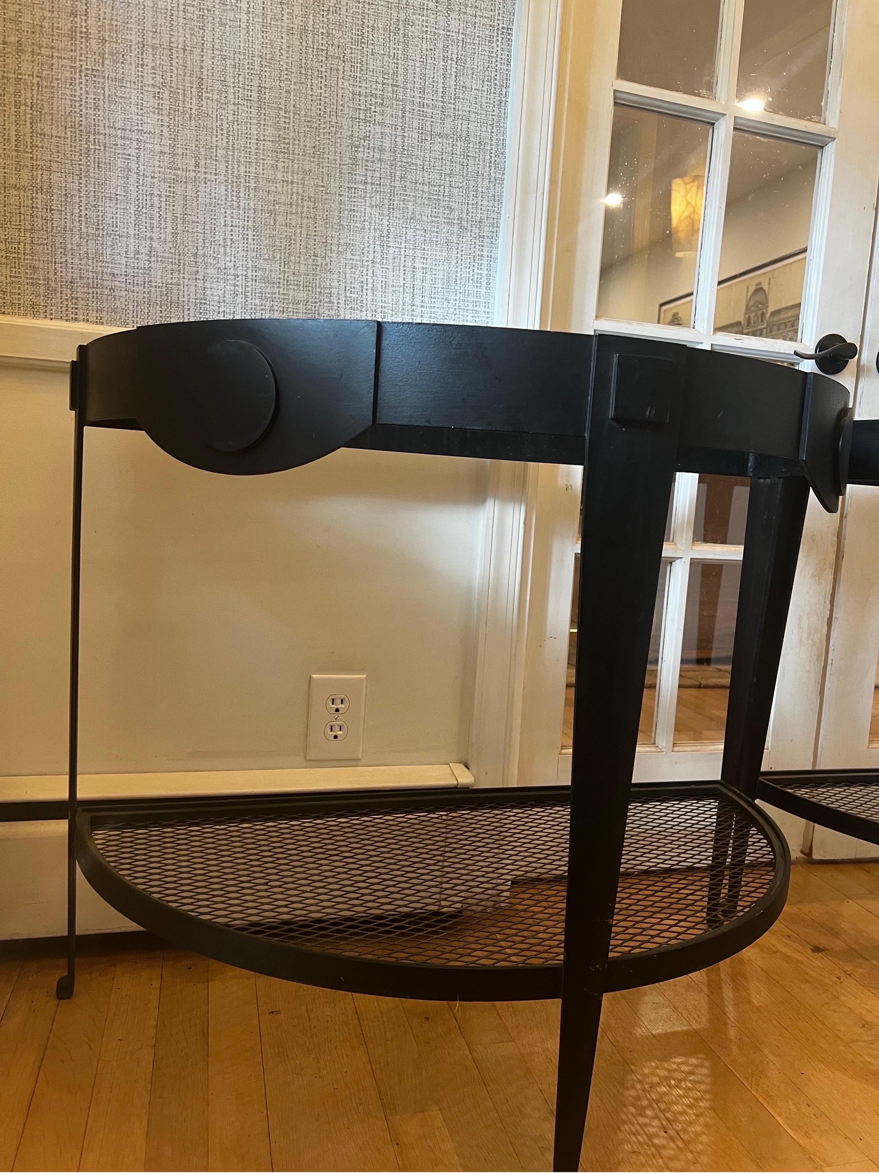 20th Century Pair of Hollywood Regency Black Iron Demilune Tables For Sale