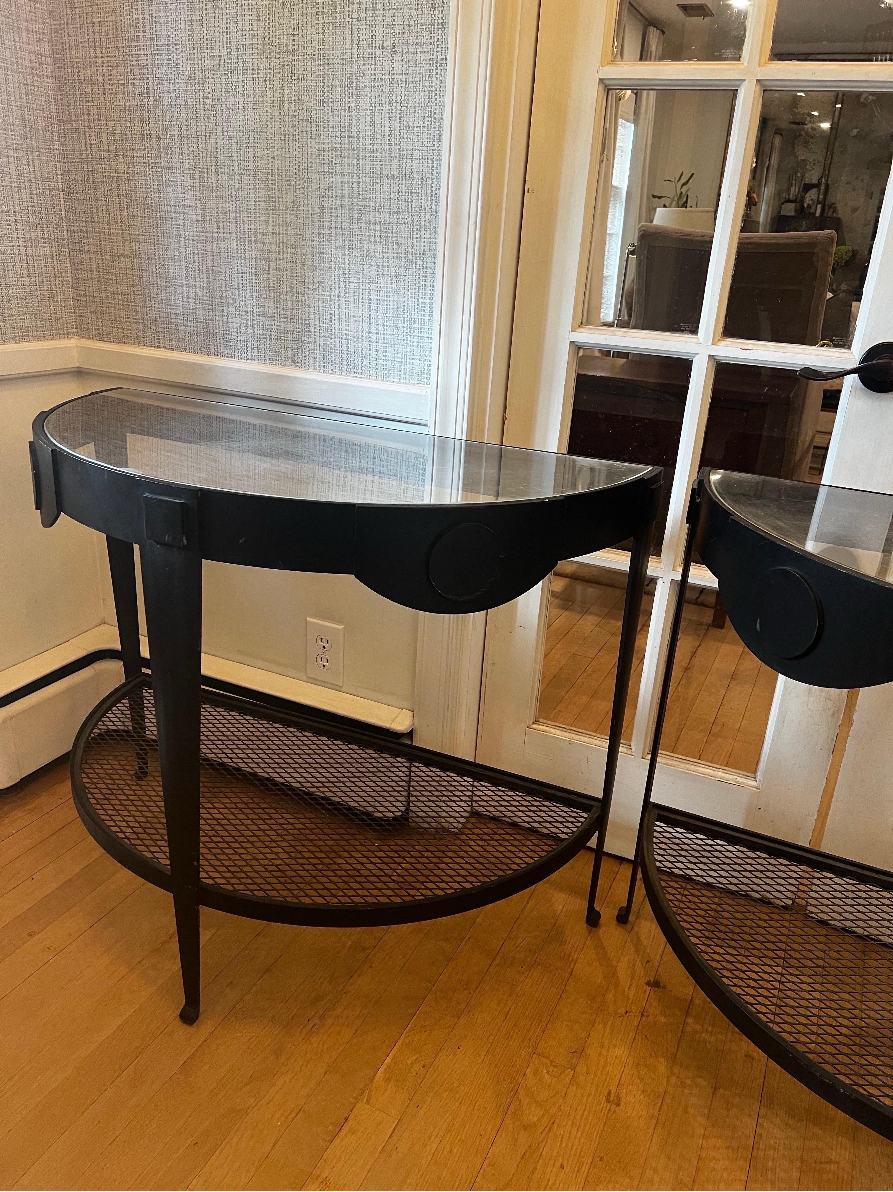 Pair of Hollywood Regency Black Iron Demilune Tables For Sale 1