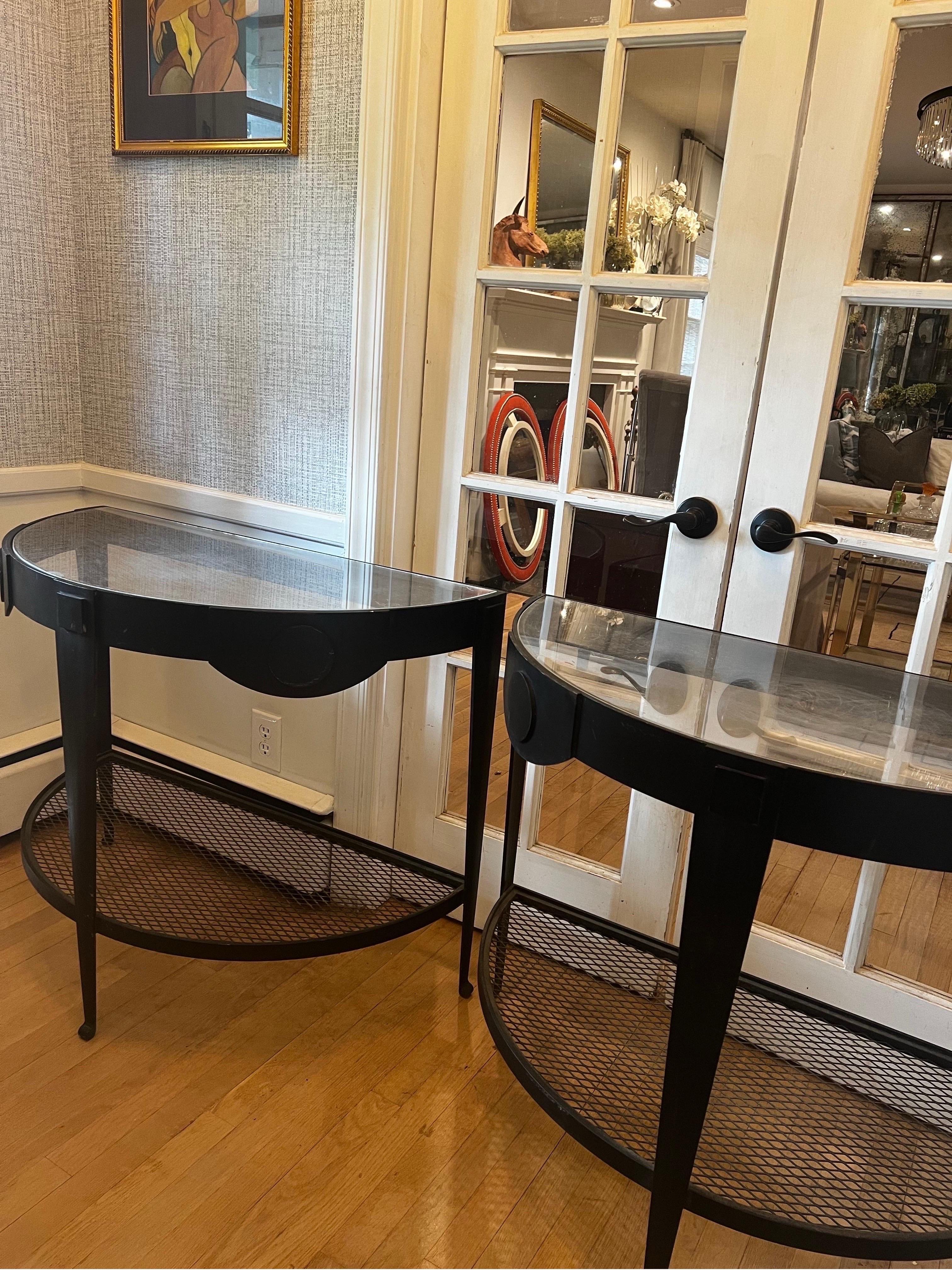 Pair of Hollywood Regency Black Iron Demilune Tables For Sale 2