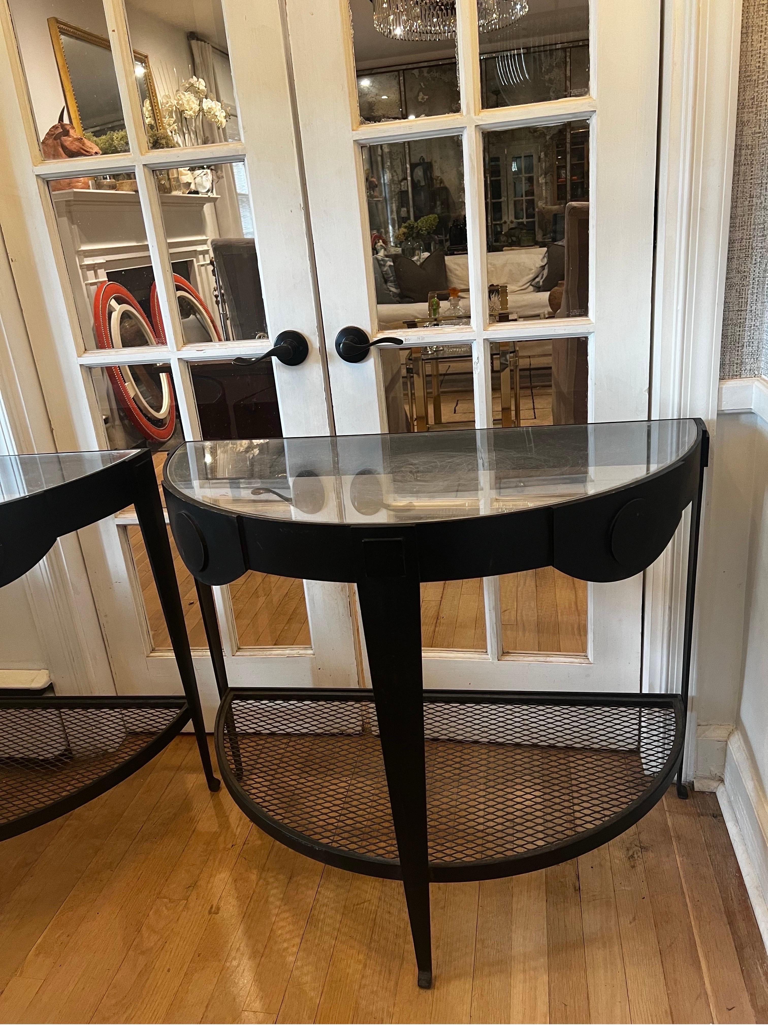 Pair of Hollywood Regency Black Iron Demilune Tables For Sale 3