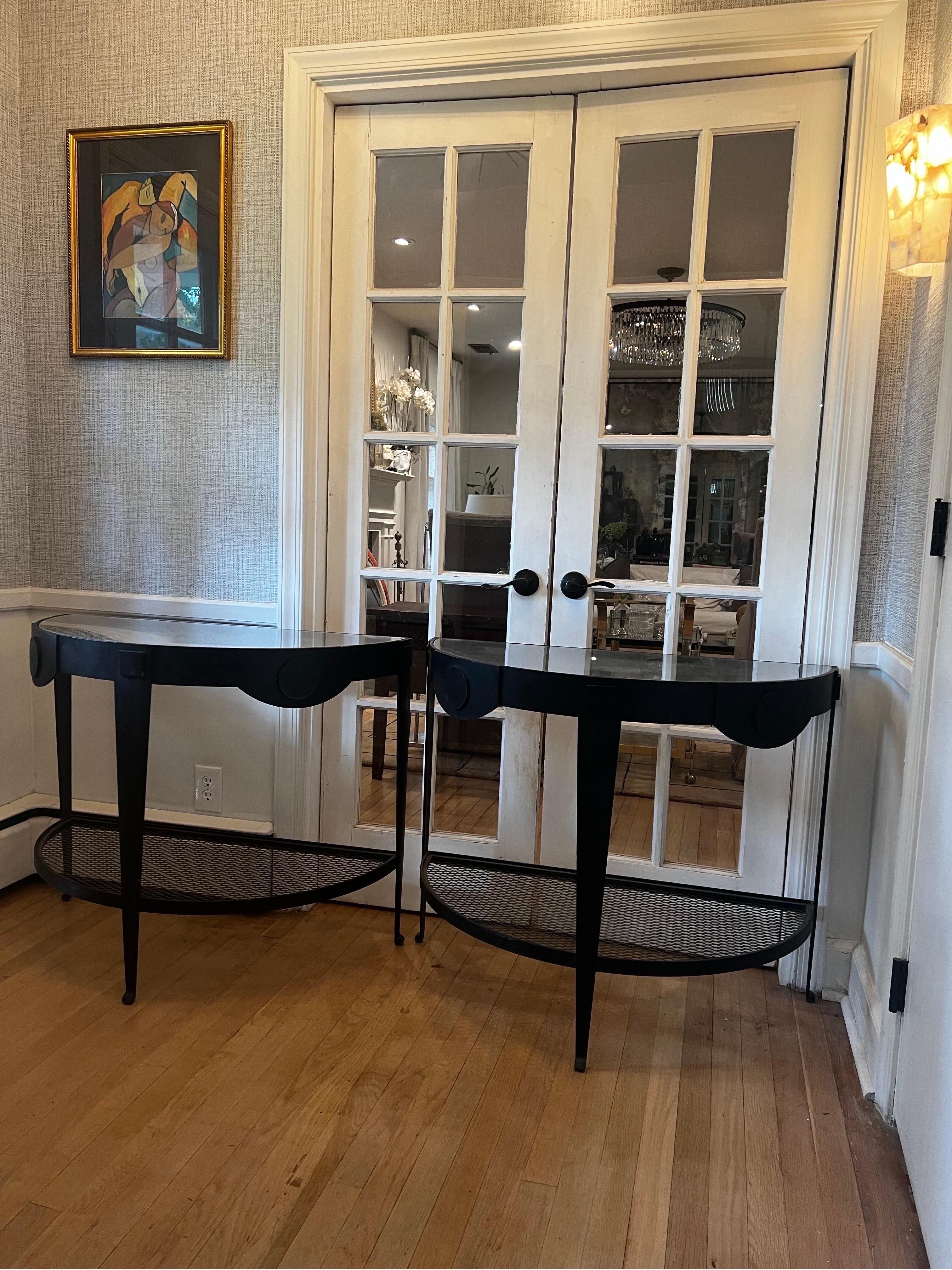 Pair of Hollywood Regency Black Iron Demilune Tables For Sale 4