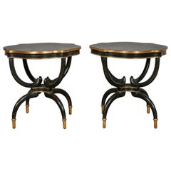 Pair of Hollywood Regency Black Lacquer and Gilt Tables with Quadrilobe Tops