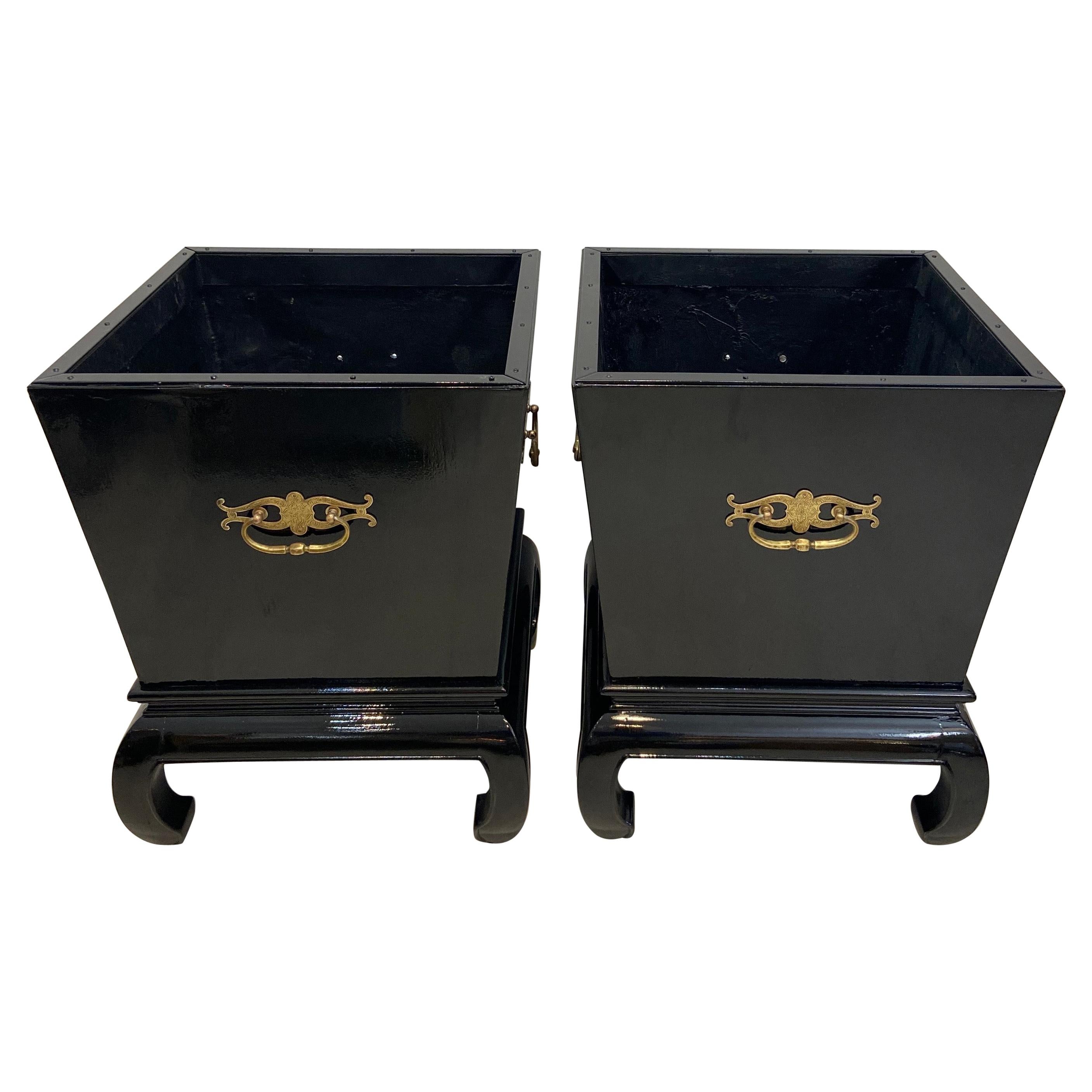 Pair of Hollywood Regency Black Lacquer Planters