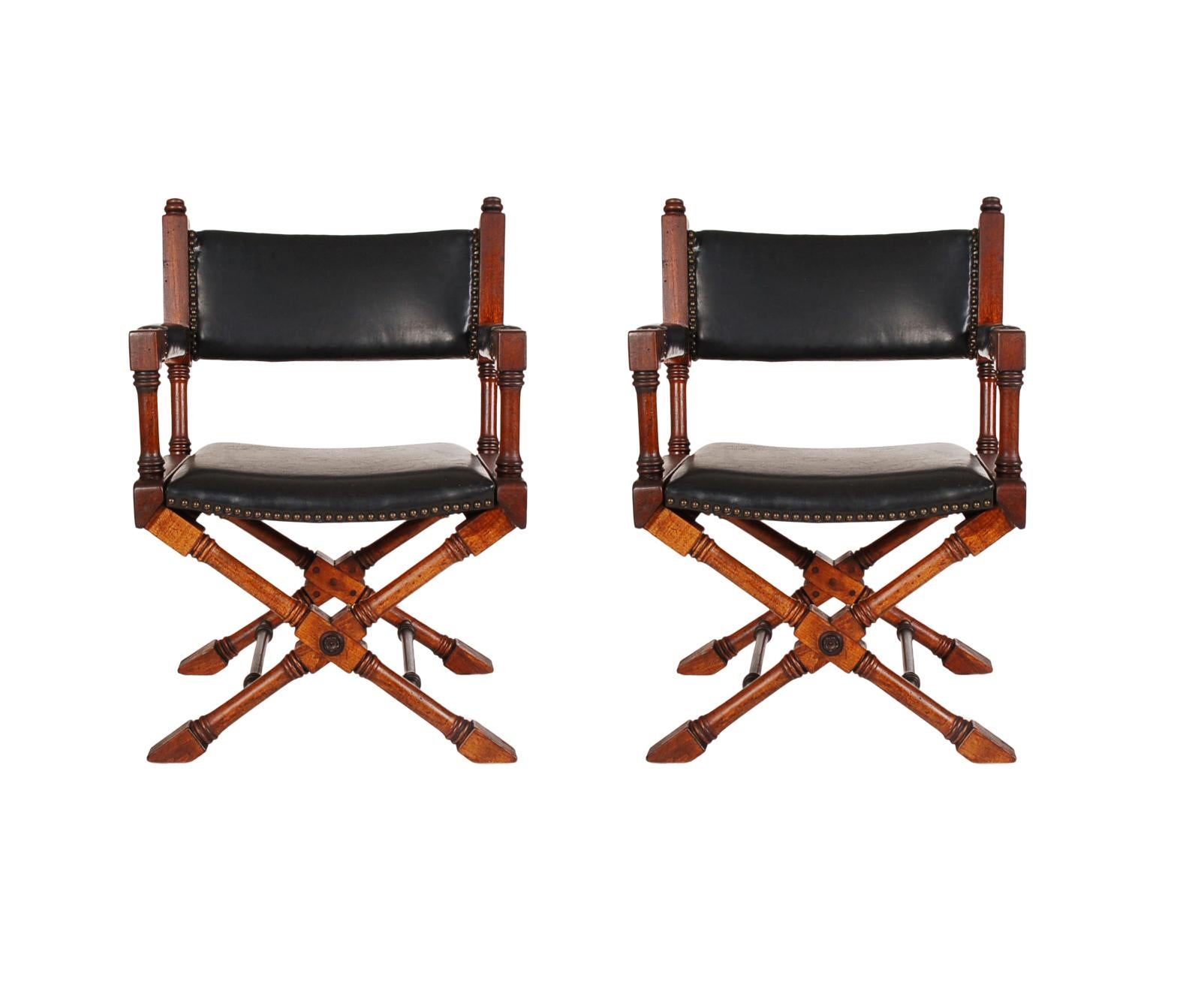 American Pair of Hollywood Regency Black Leather X-Base Director or Campaign Chairs