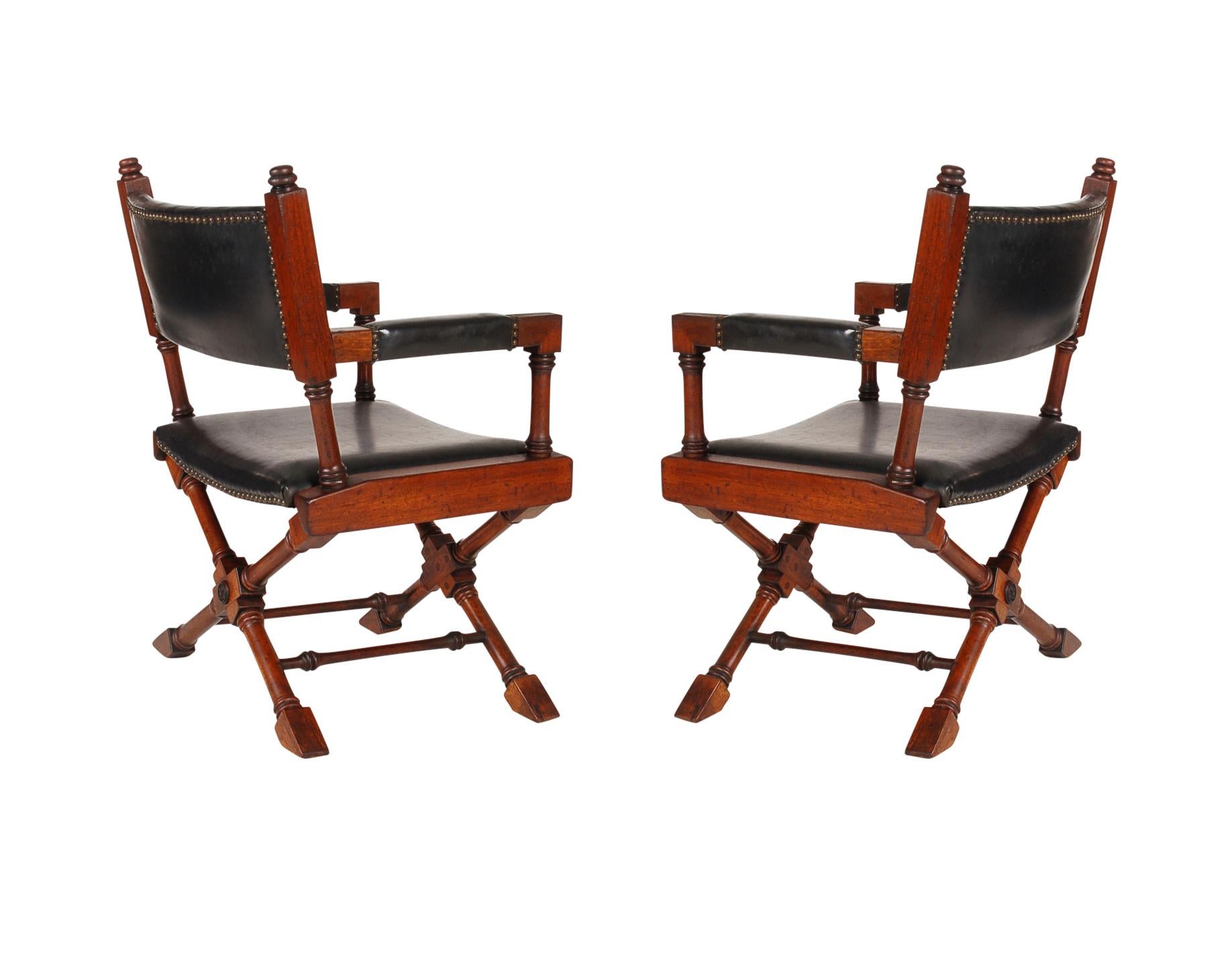 Pair of Hollywood Regency Black Leather X-Base Director or Campaign Chairs 1