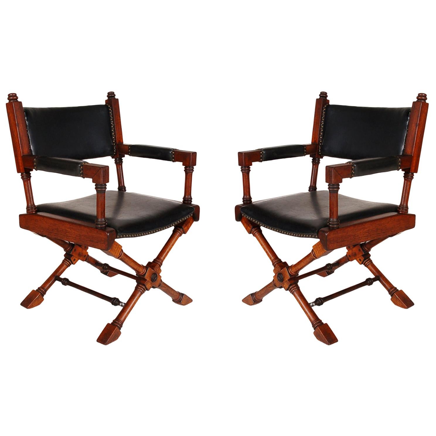 Pair of Hollywood Regency Black Leather X-Base Director or Campaign Chairs