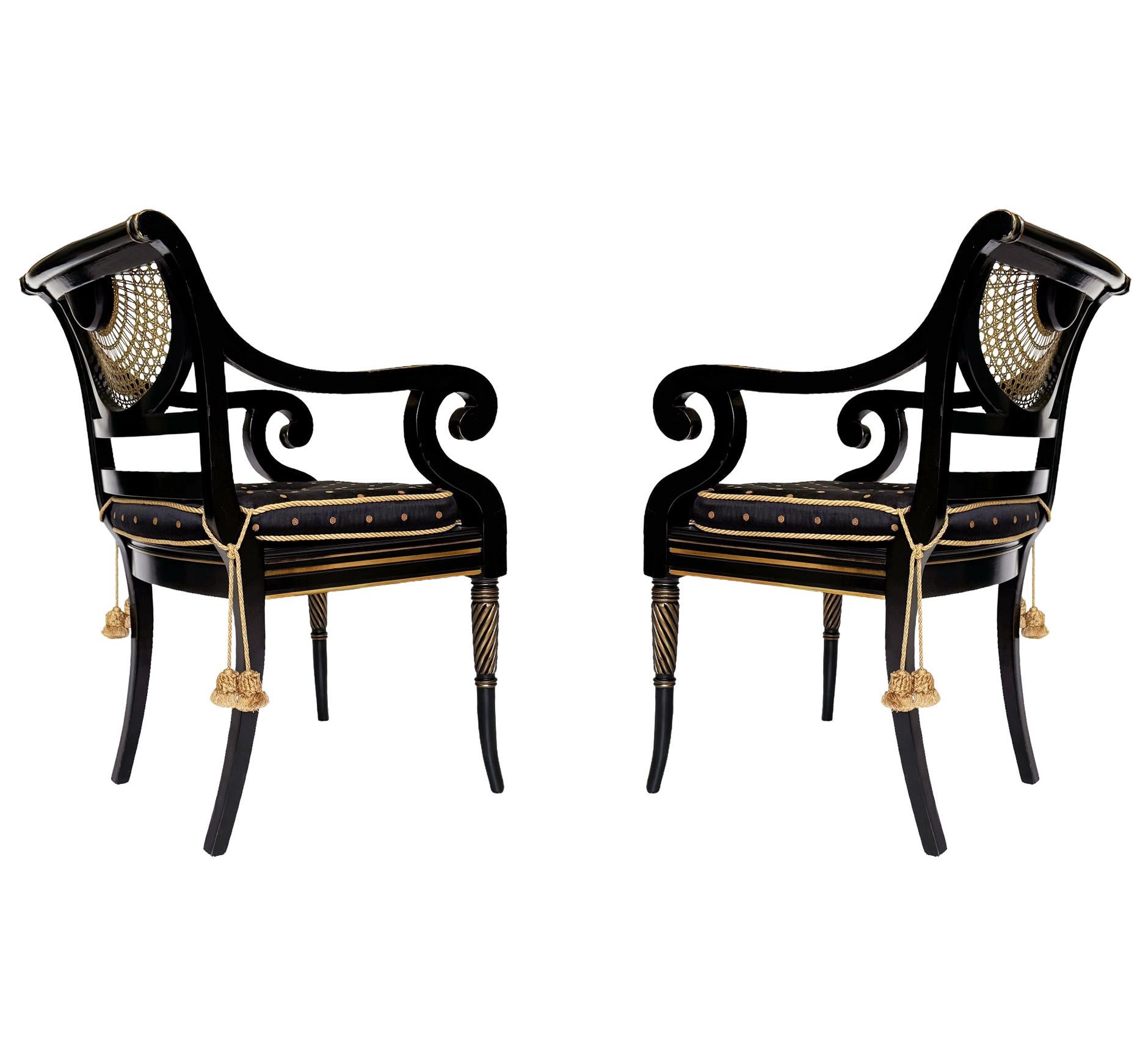 Pair of Hollywood Regency Black Rope & Tassel Cane Armchairs or Side Chairs In Good Condition In Philadelphia, PA