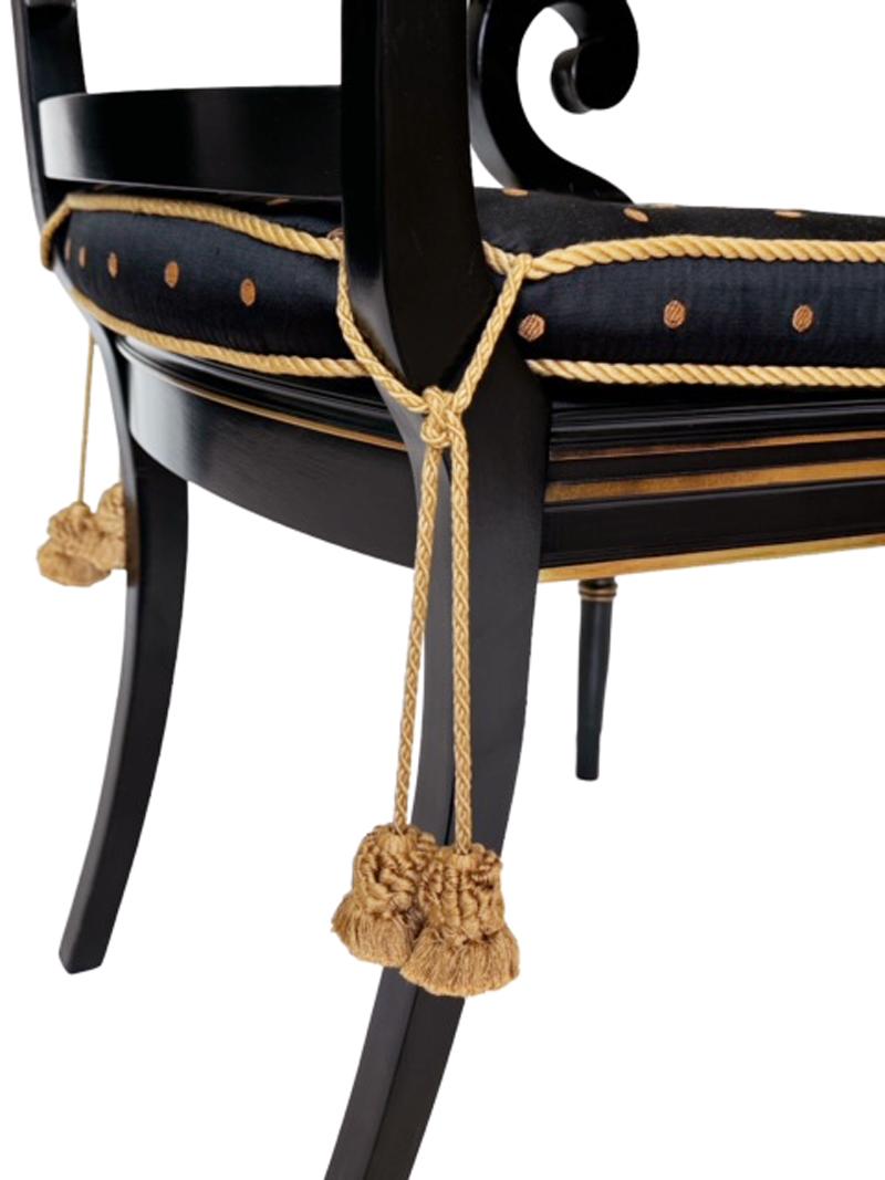 Mid-20th Century Pair of Hollywood Regency Black Rope & Tassel Cane Armchairs or Side Chairs