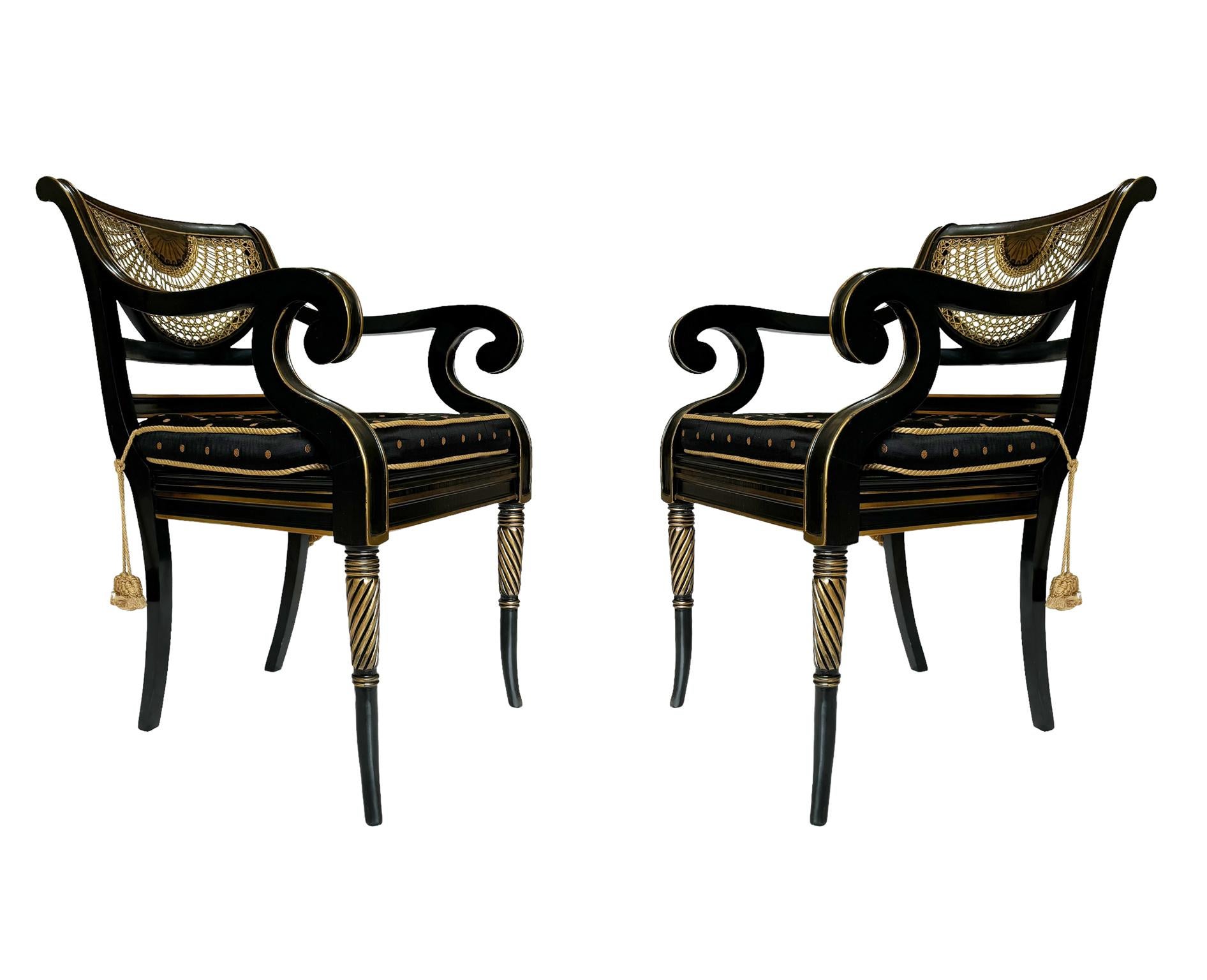 Wood Pair of Hollywood Regency Black Rope & Tassel Cane Armchairs or Side Chairs