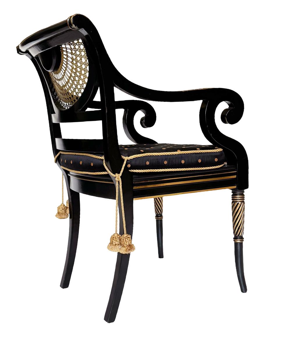 Pair of Hollywood Regency Black Rope & Tassel Cane Armchairs or Side Chairs 1